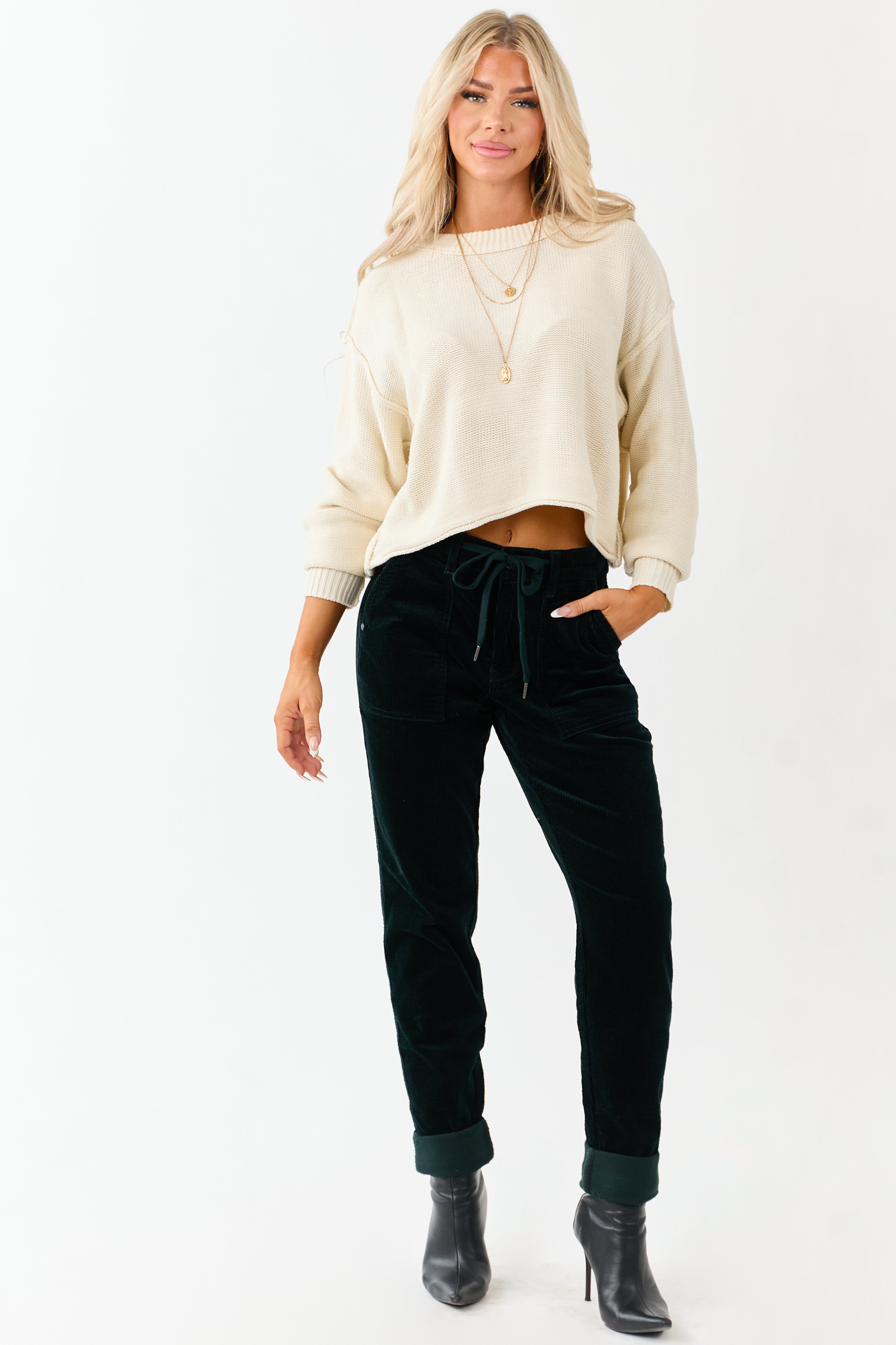 Forest Green Corduroy Slim Straight Pants