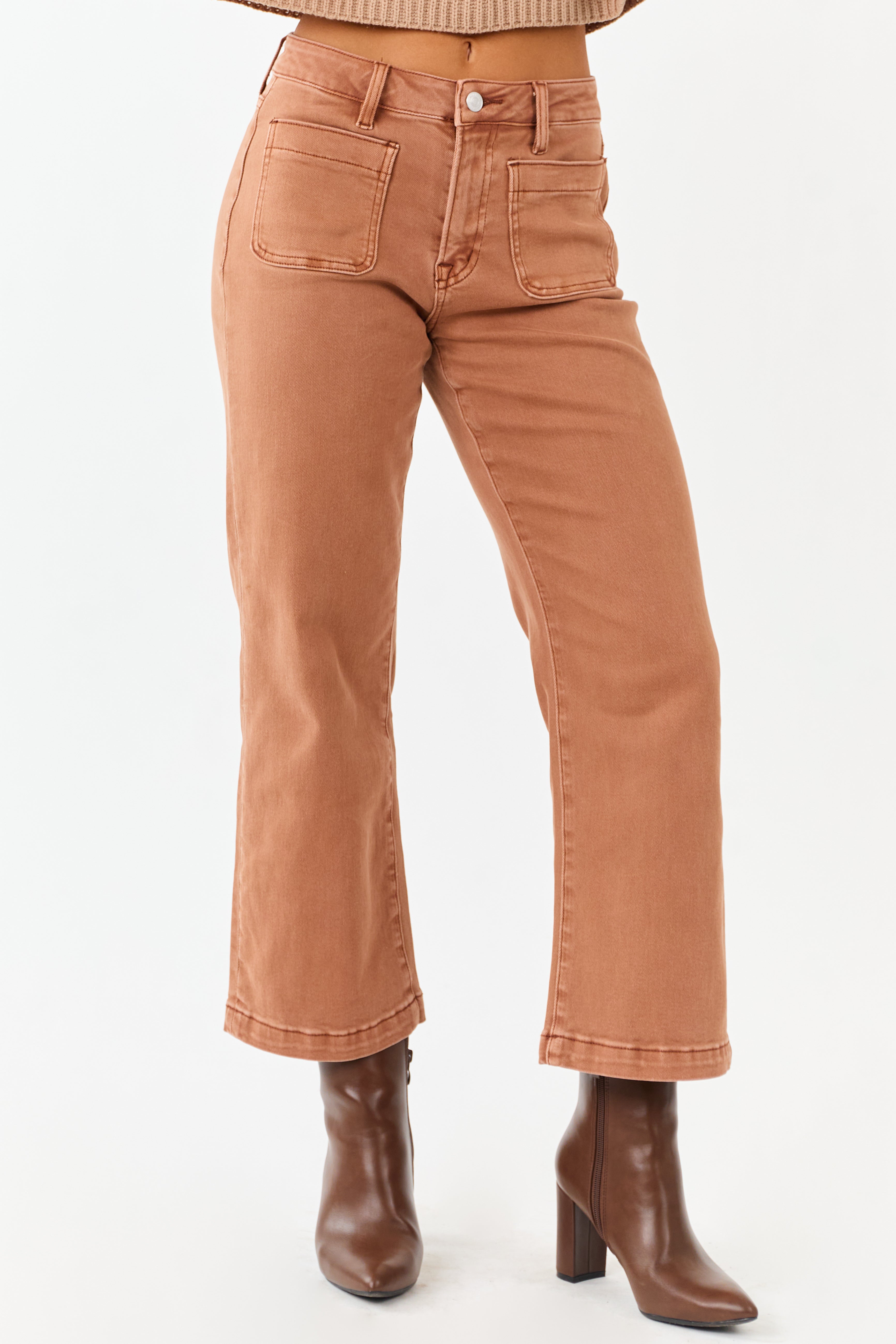 Sandstone Wide-Leg Stretchy Jeans with Patch Pockets