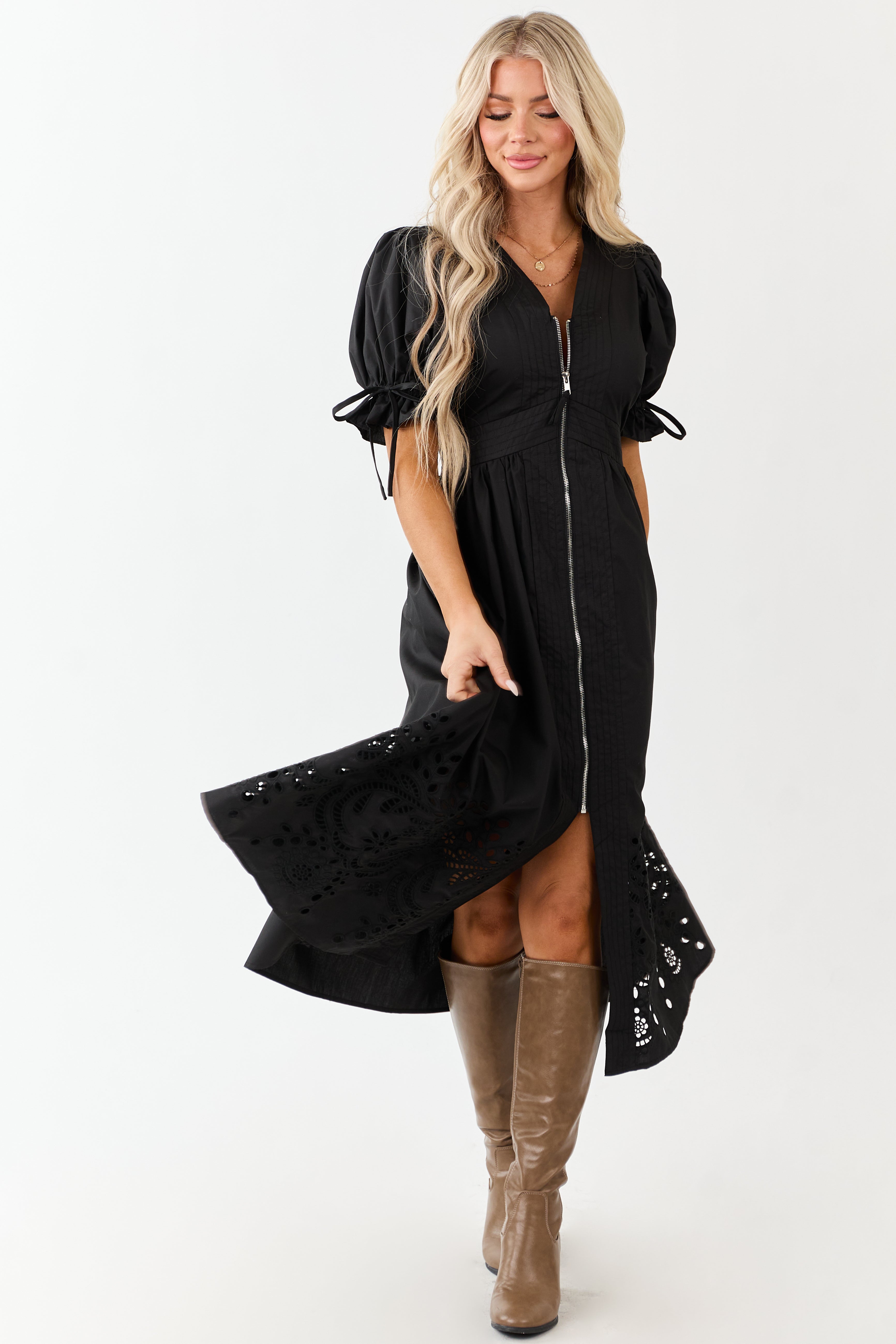 Black Smocked Waist Zip Front Midi Dress