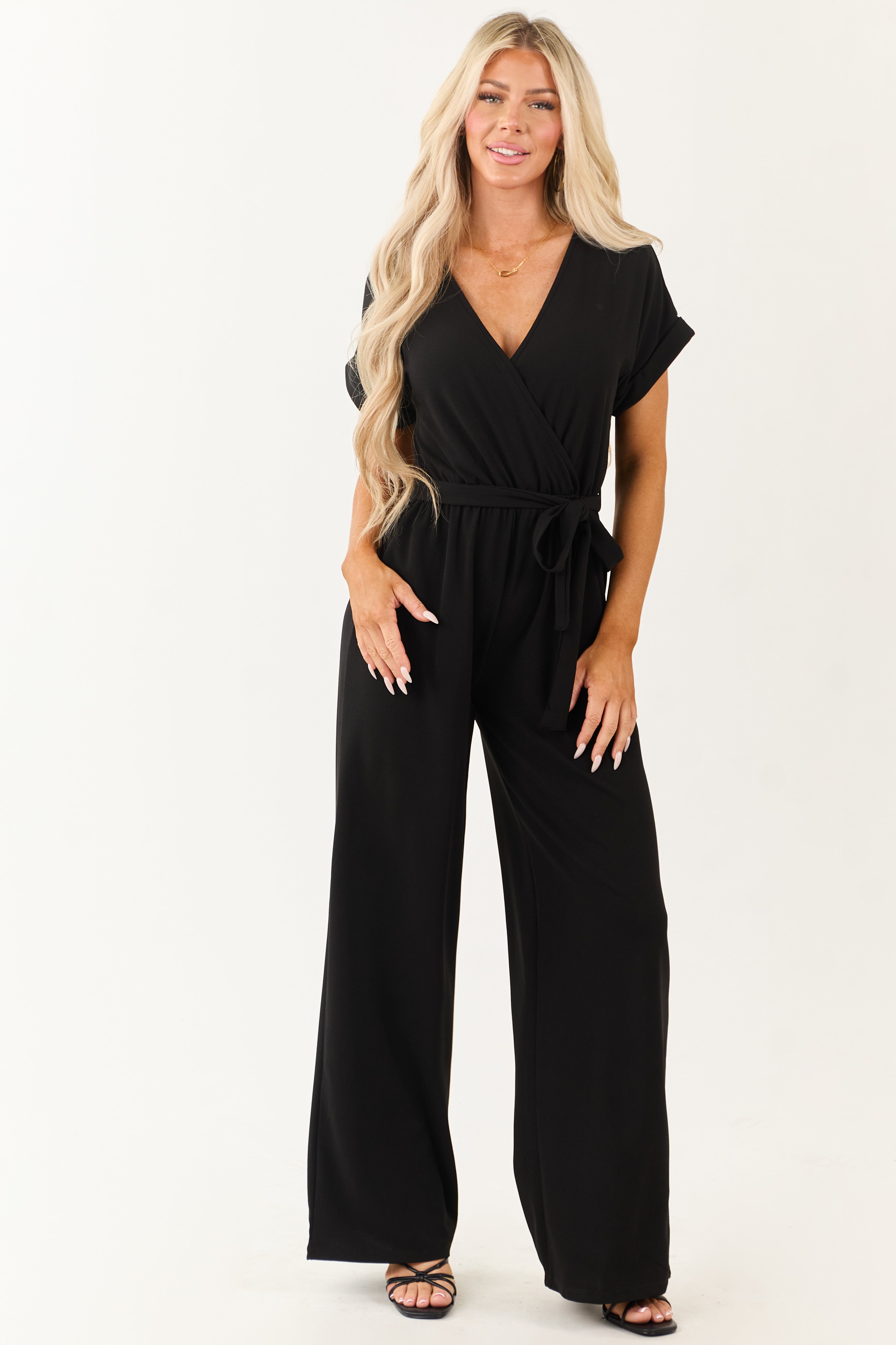 Black Wide Leg Waist Tie Surplice Jumpsuit: Chic Style Outfit