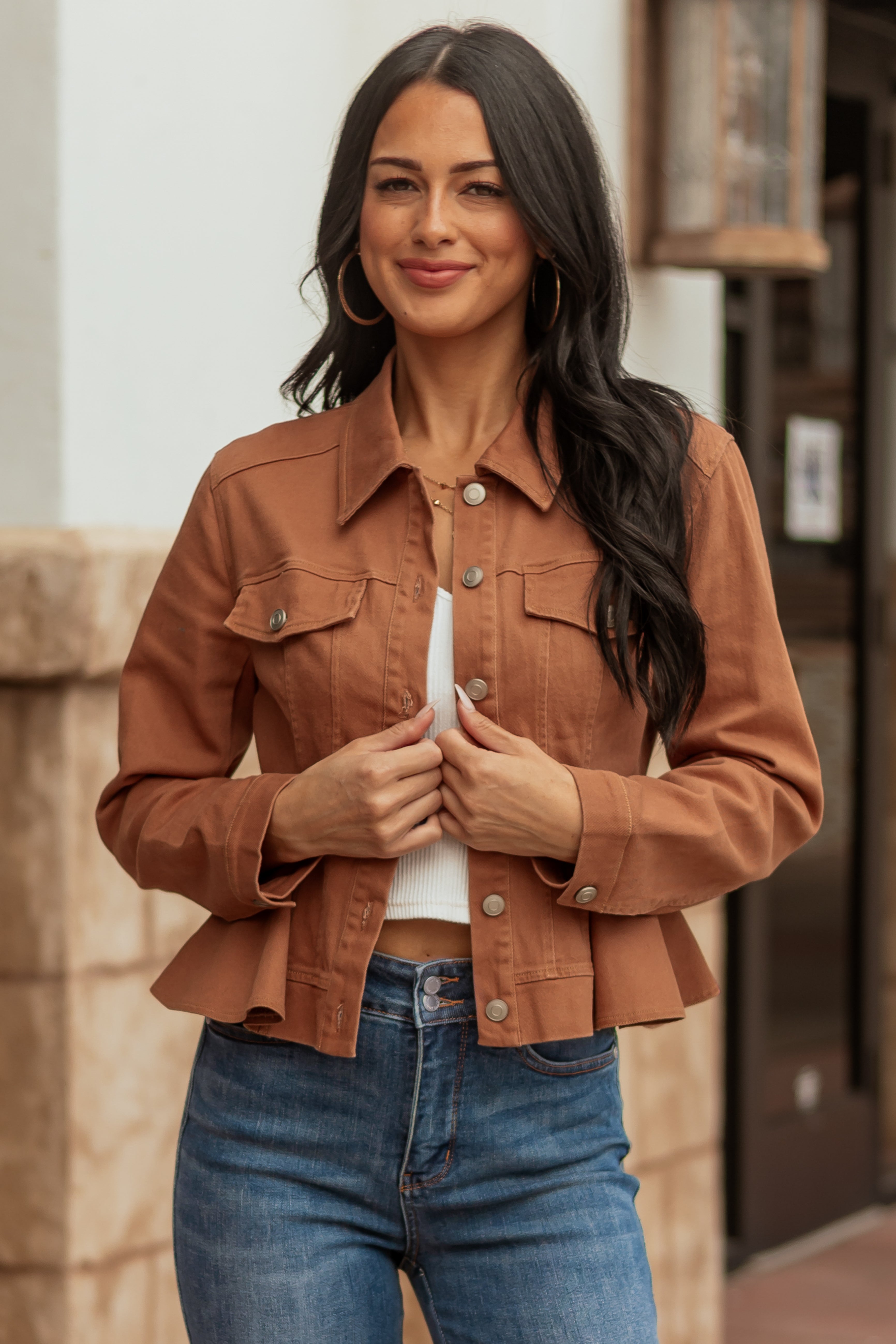 Copper Contrast Stitch Denim Peplum Jacket