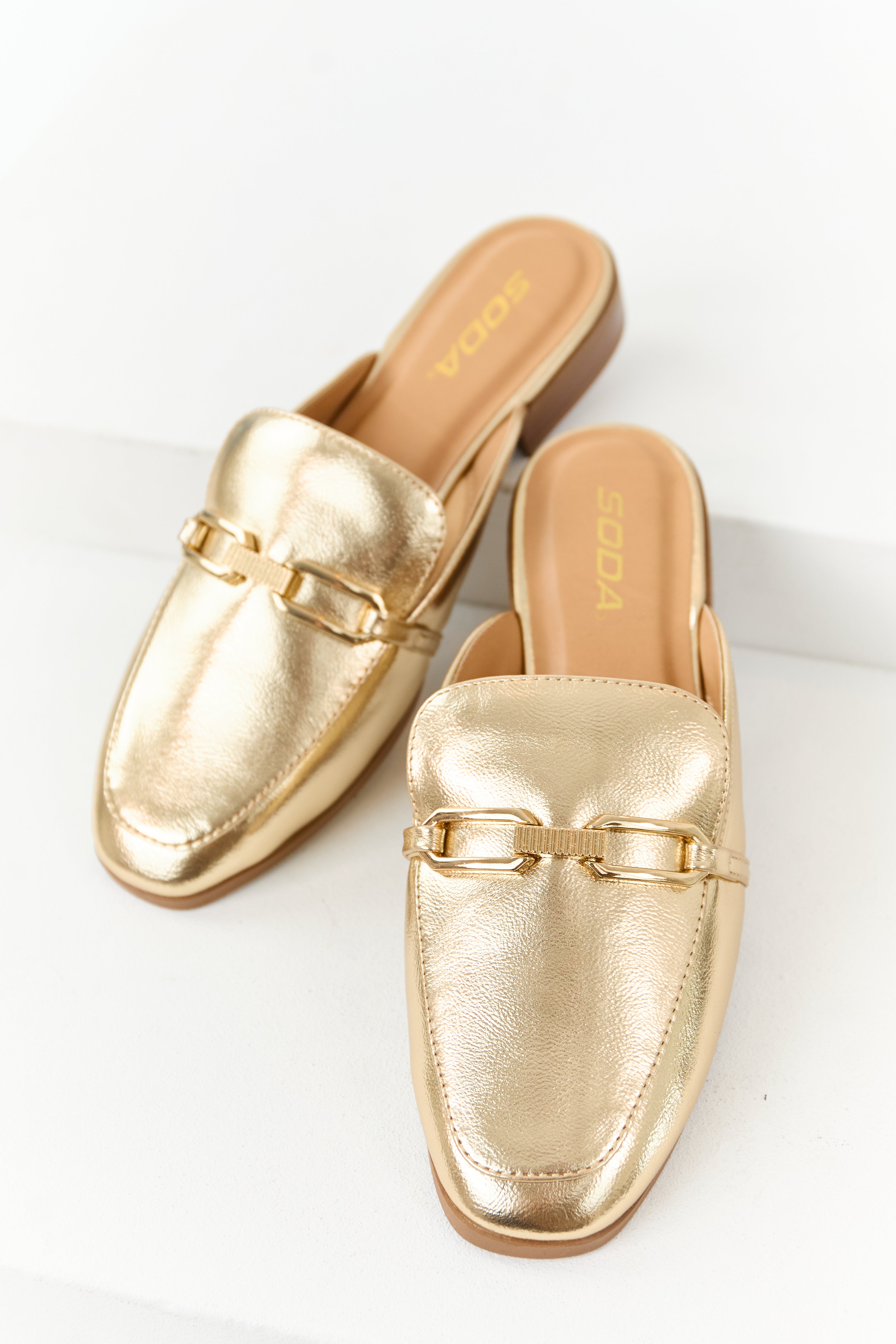 Gold Chain Link Mule Flats - Metallic Faux Leather Slip-On