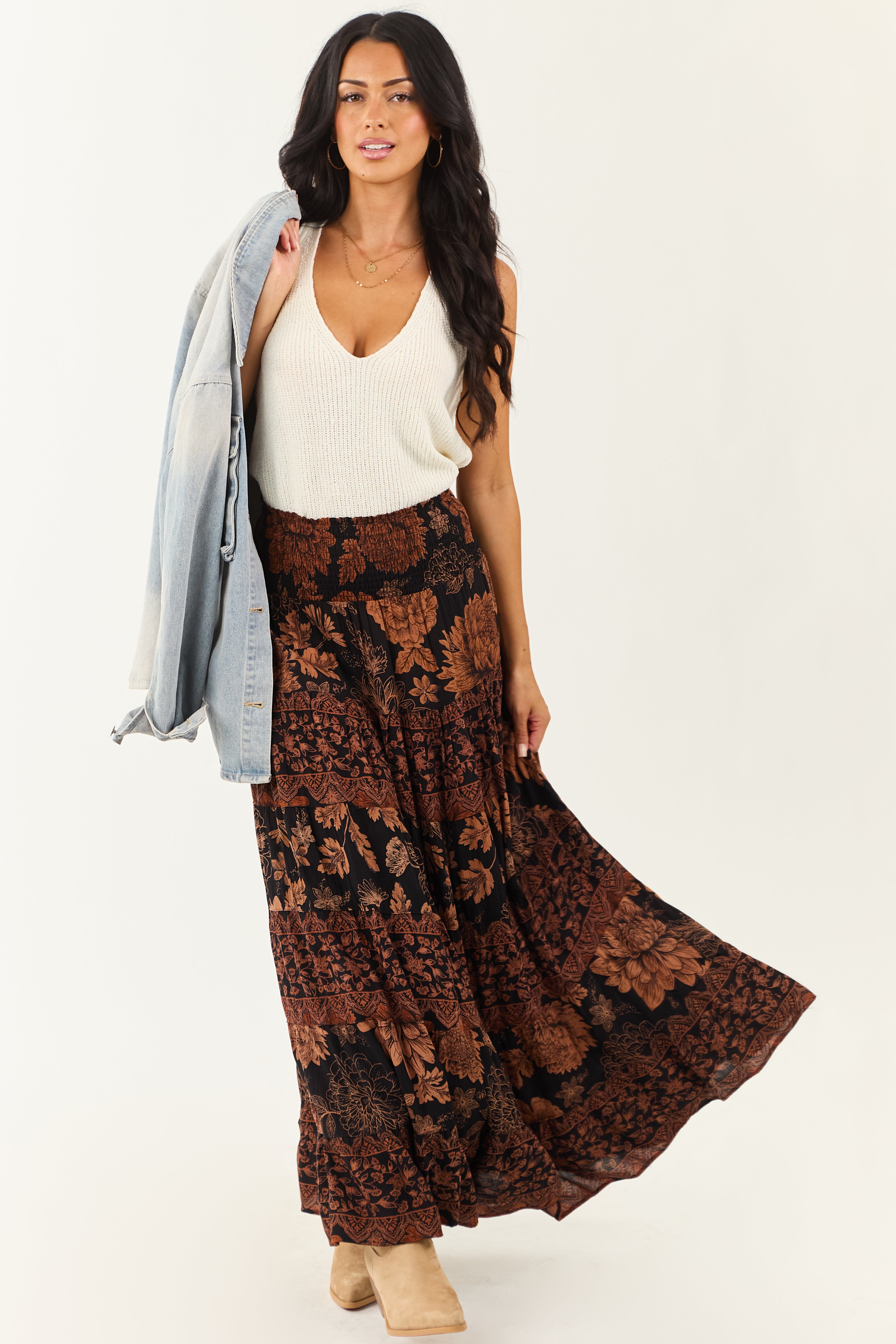 Autumn Floral Tiered Maxi Skirt in Black and Copper