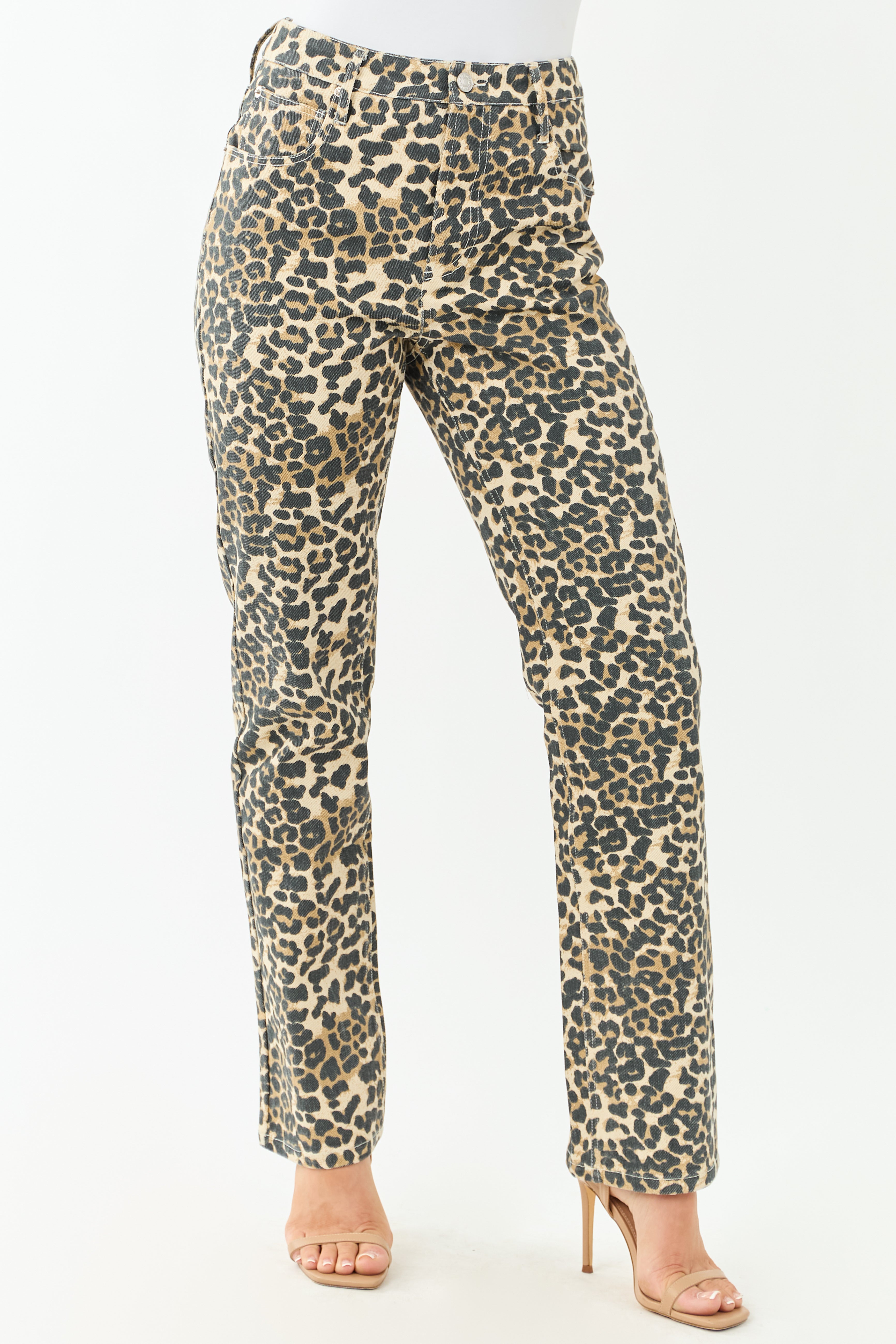 Leopard Print High Rise Straight Leg Cotton Jeans