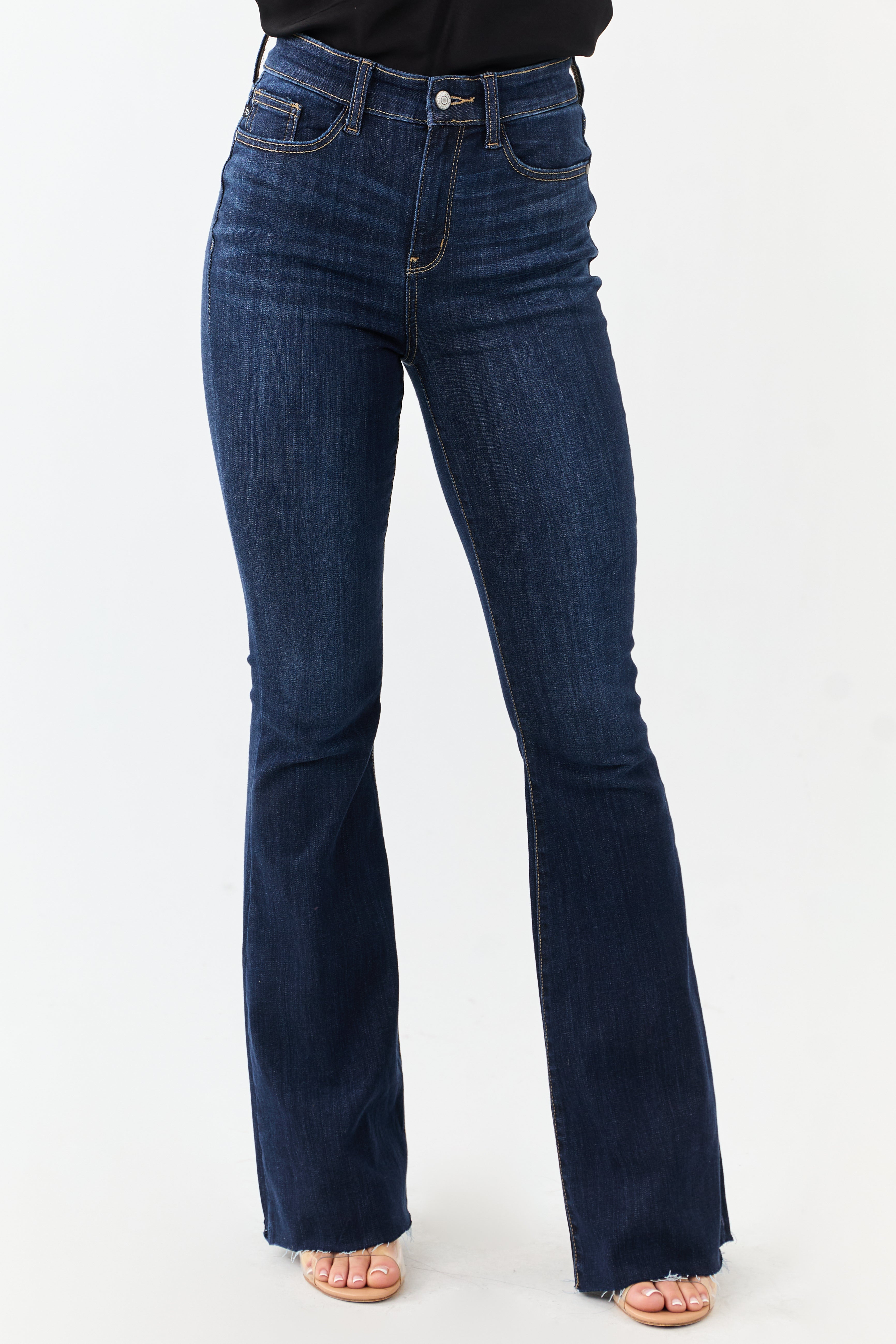 Dark Wash Stretchy Flare Leg High Rise Jeans