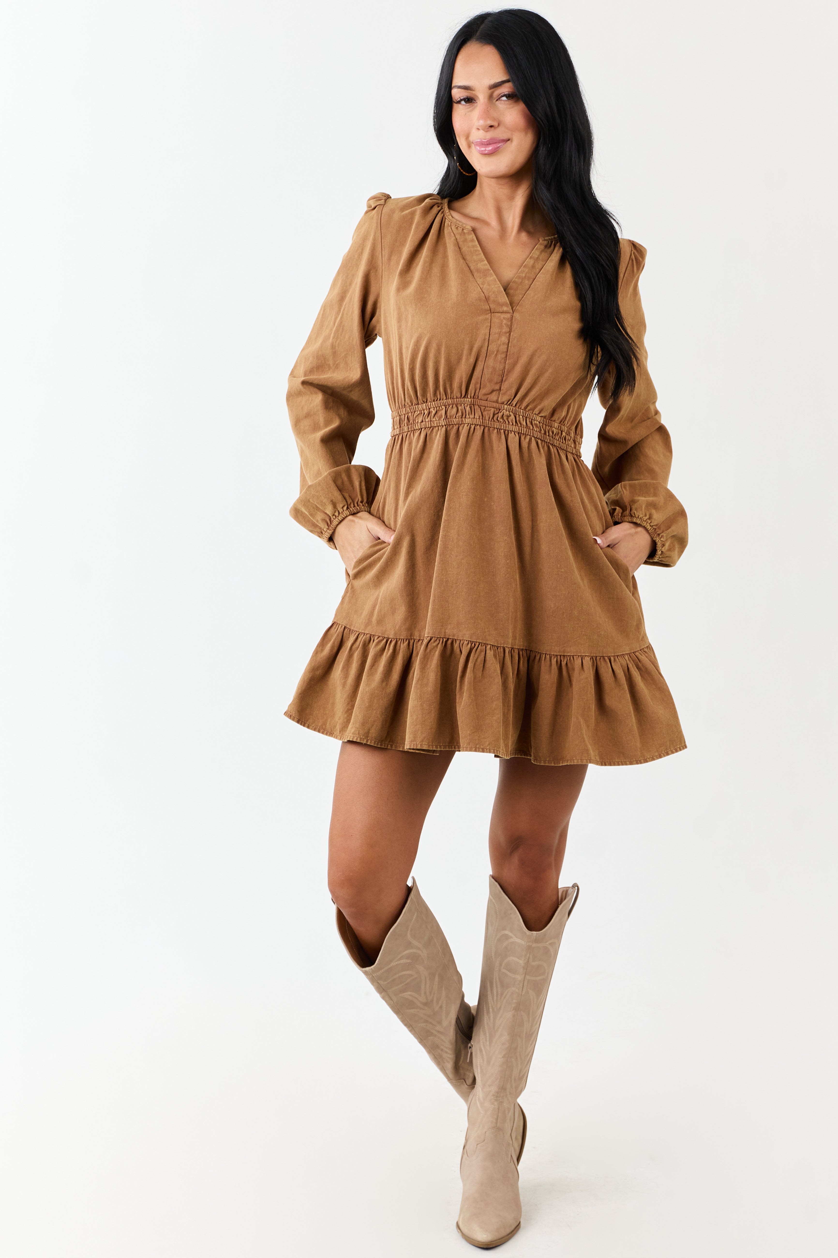 Brown Denim Elastic Waist Ruffle Hem Mini Dress