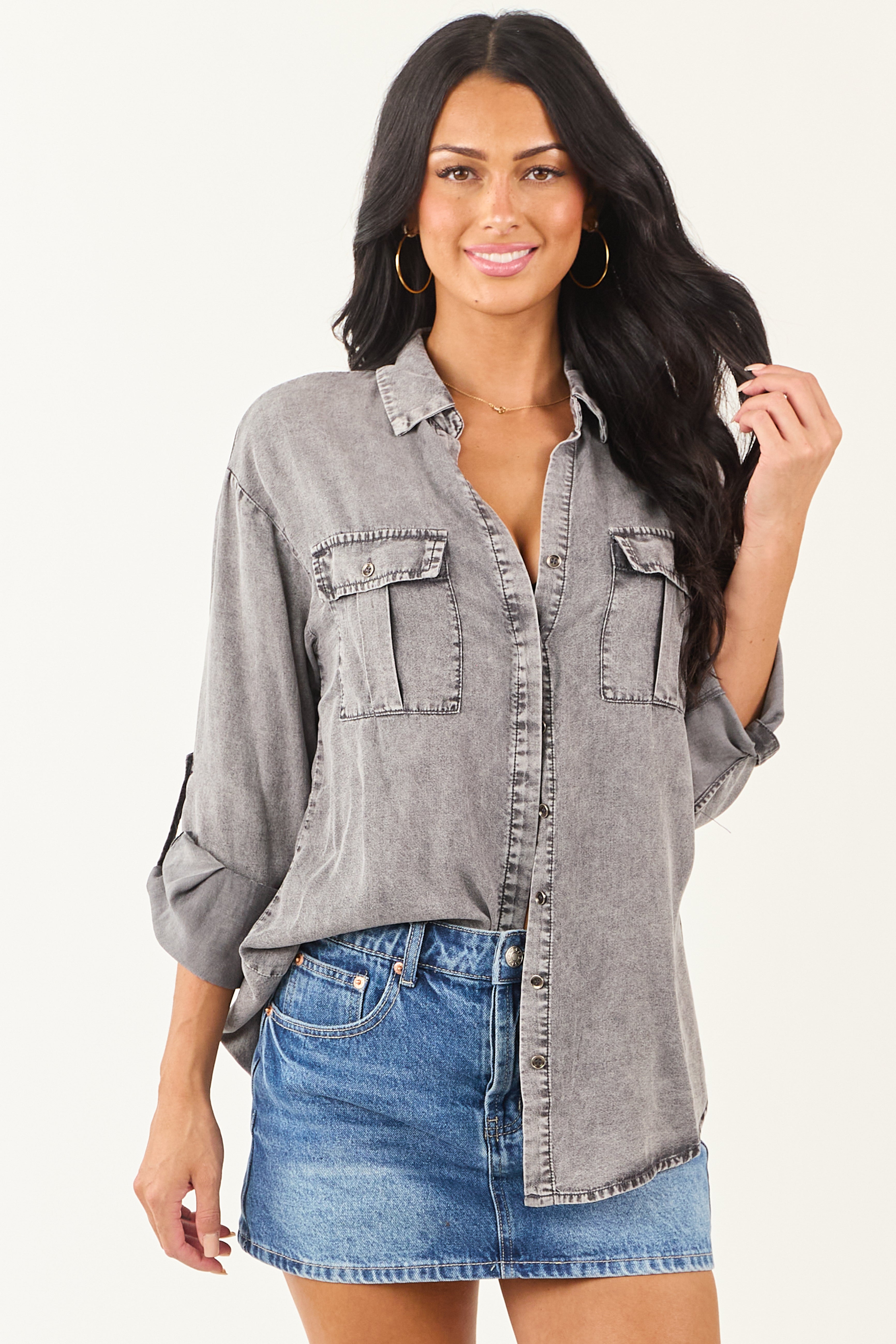Chambray Denim Oversized Button-Up Top - Steel Washed