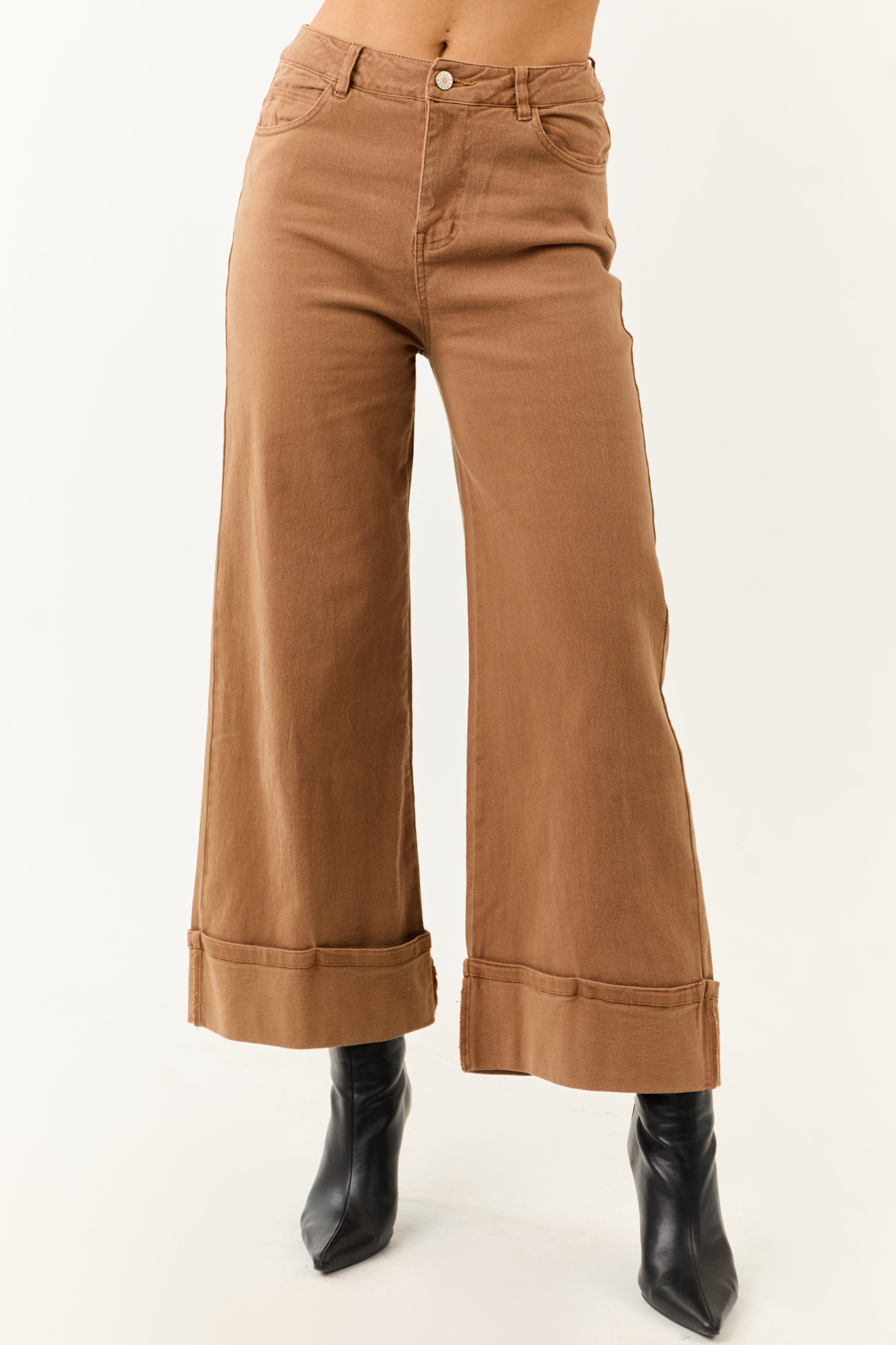 Brown Stretchy Wide Leg Jeans with Cuffed Hem