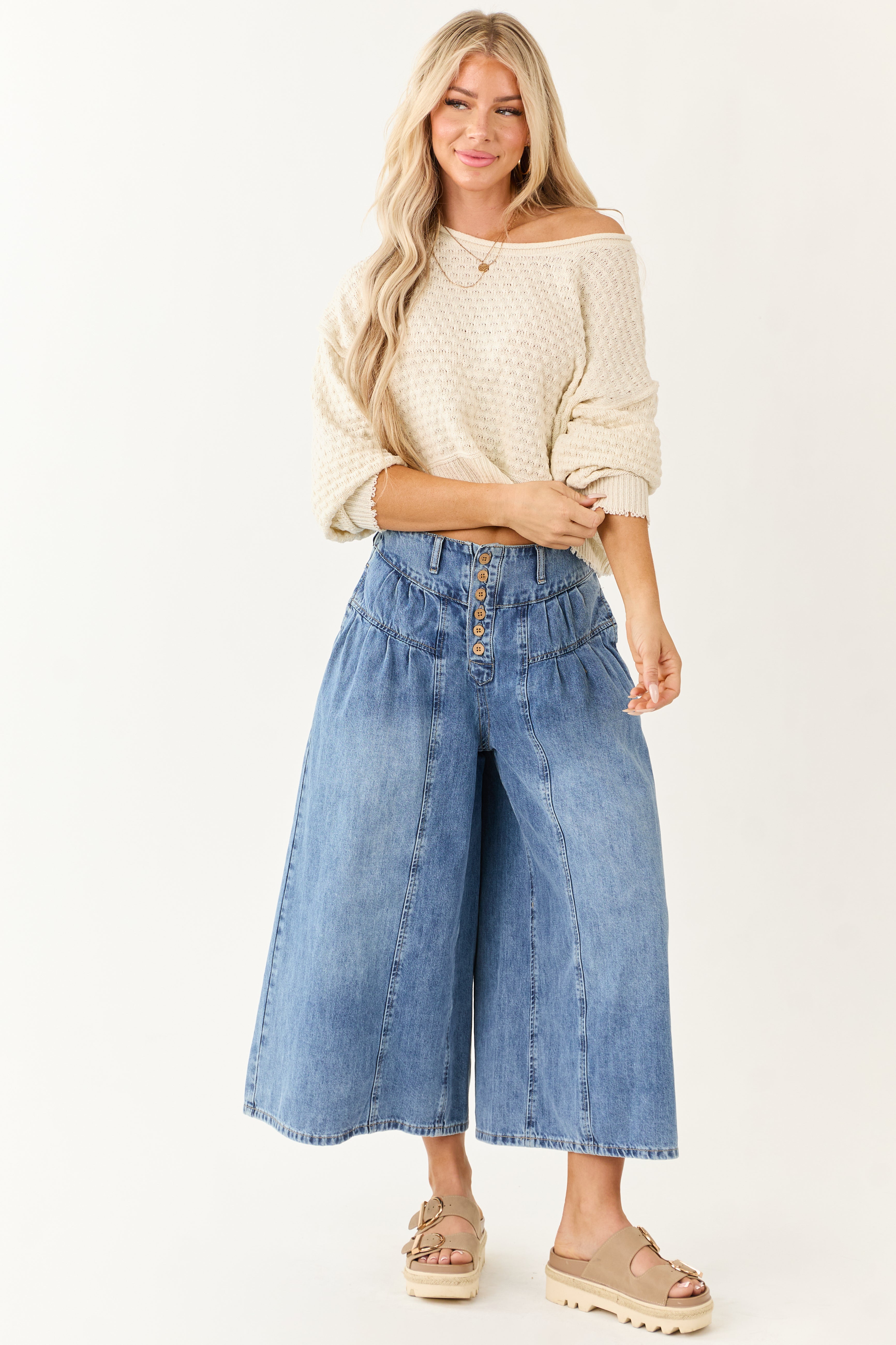 Medium Wash Wide Leg Cropped Denim Pants