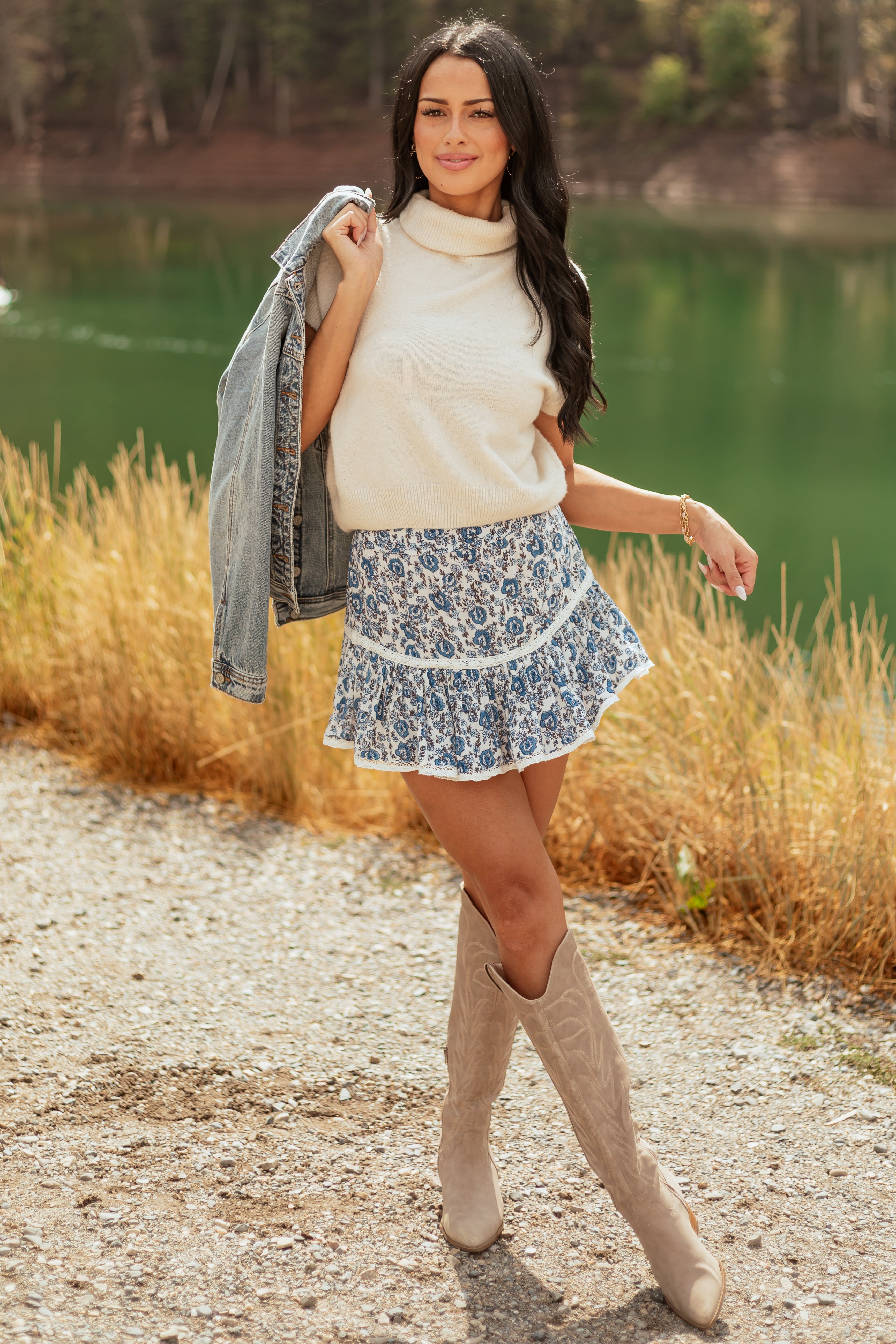 Blue Floral Lace Tiered Mini Skort - Twirl-Worthy Design