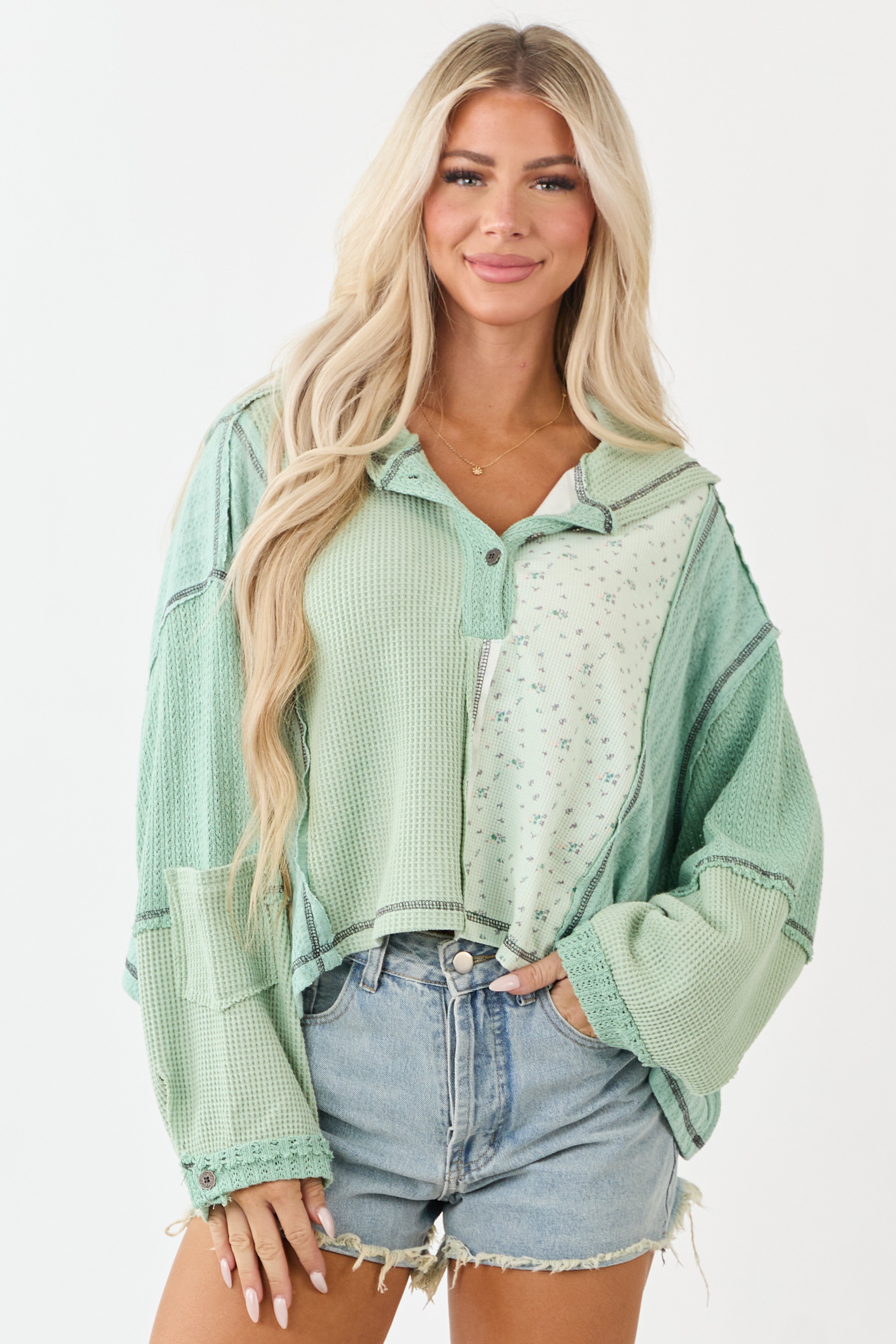 Boho Sage Patchwork Cotton Hooded Top
