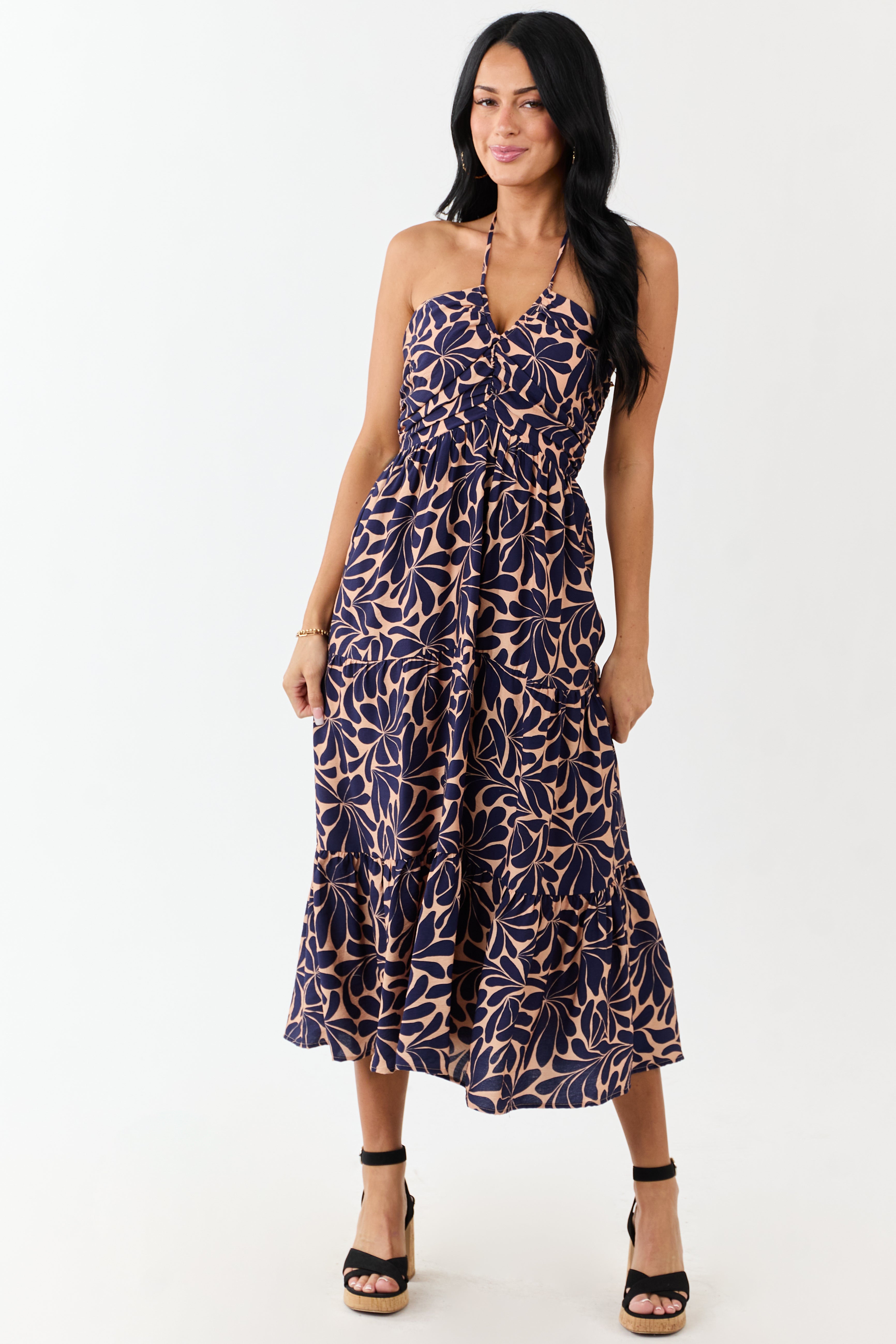 Navy Abstract Print Tiered Maxi Dress - Ruched Bust & Smocked Back