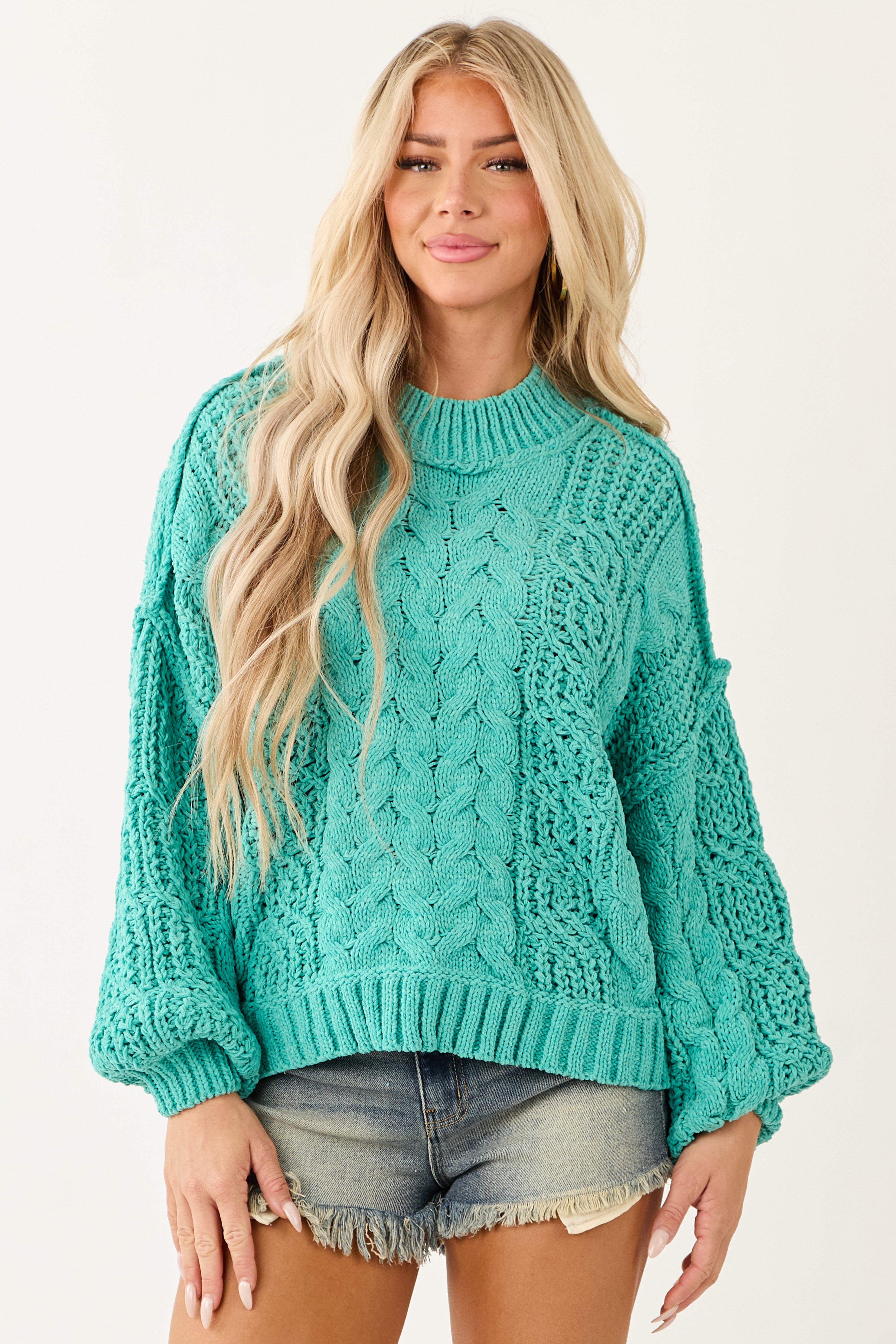 Teal Cable Knit Bubble Sleeve Oversized Sweater