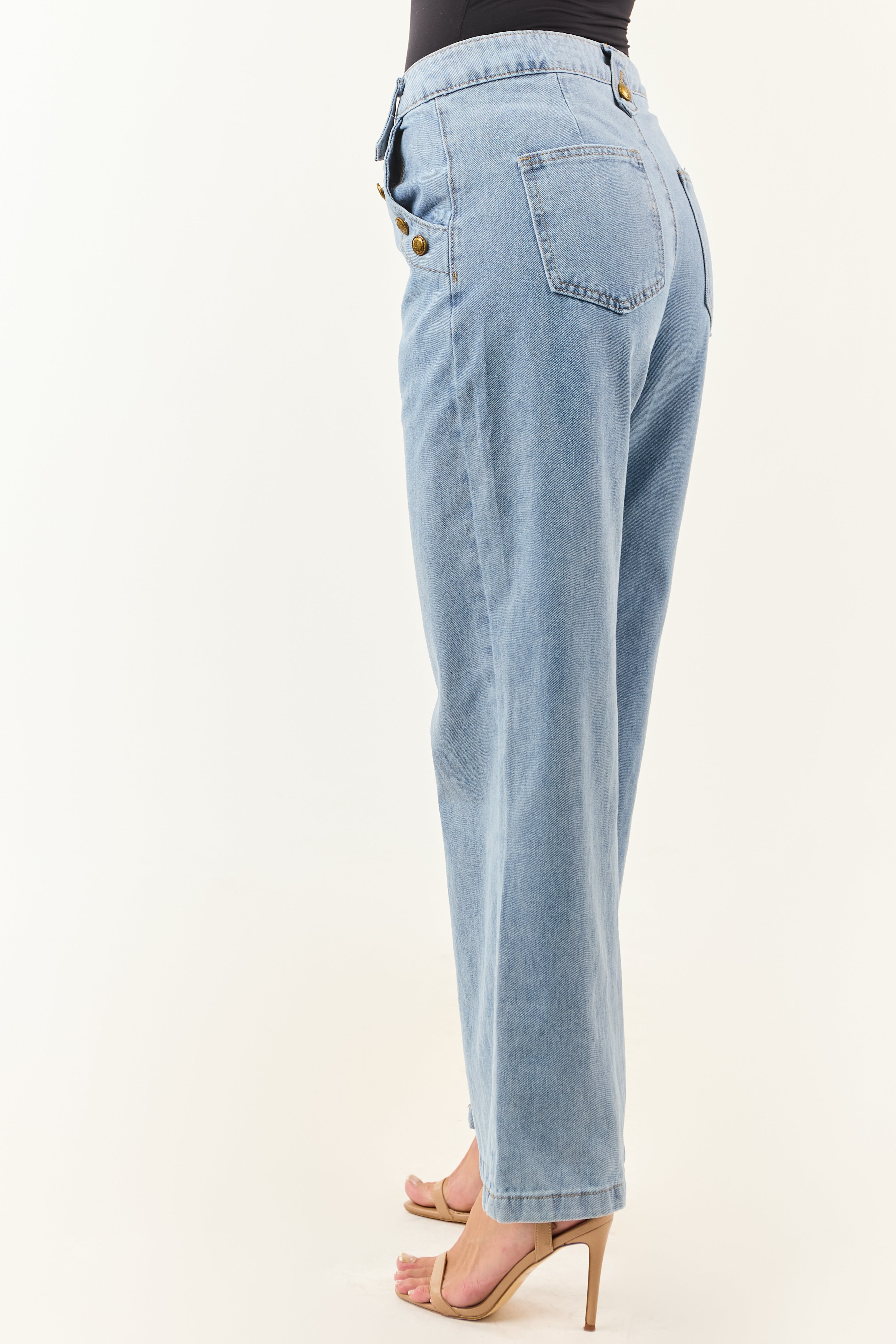 Light Wash Wide Leg High Rise Jeans with Gold Button Detail