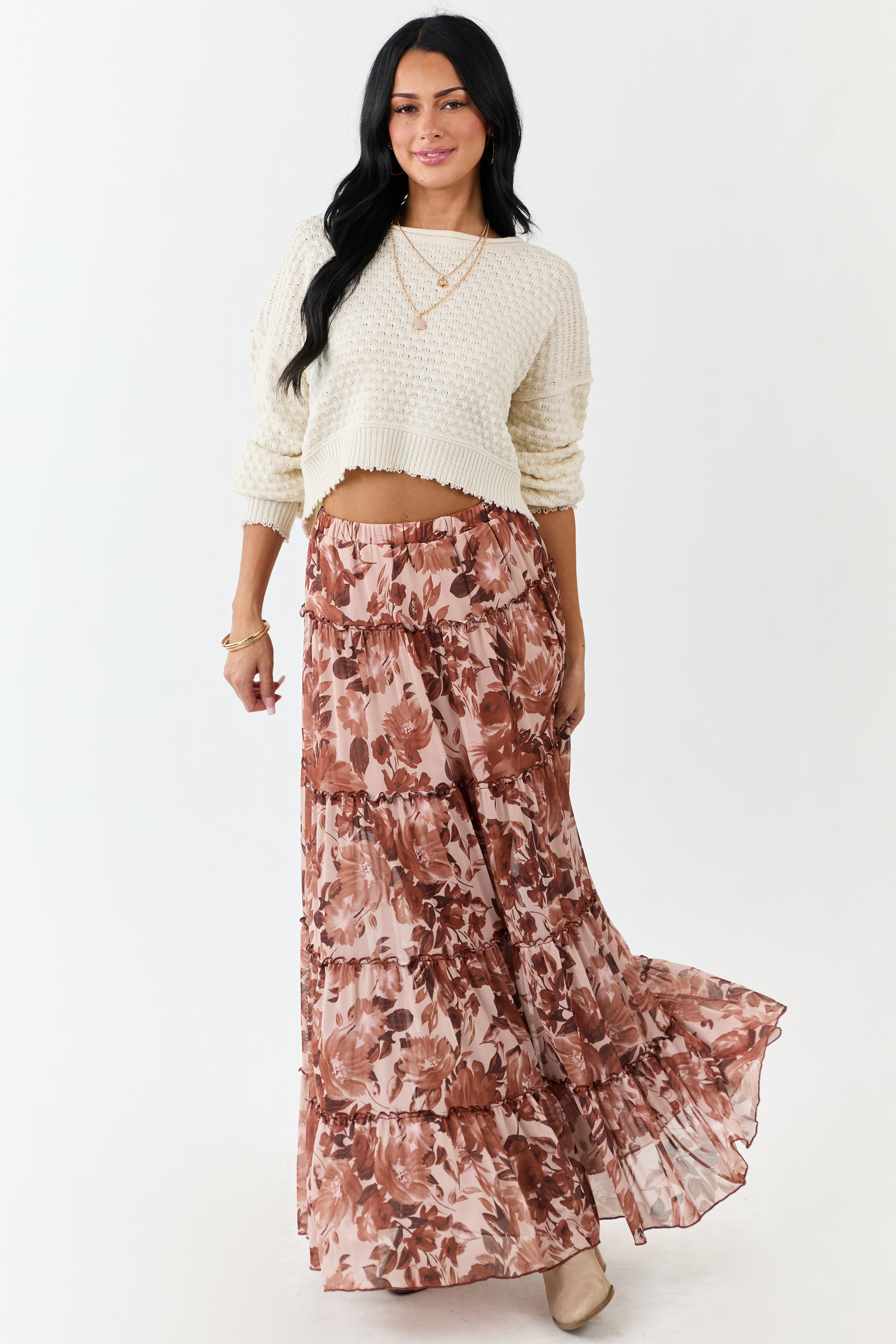 Tiered Floral Mesh Maxi Skirt in Rose Taupe