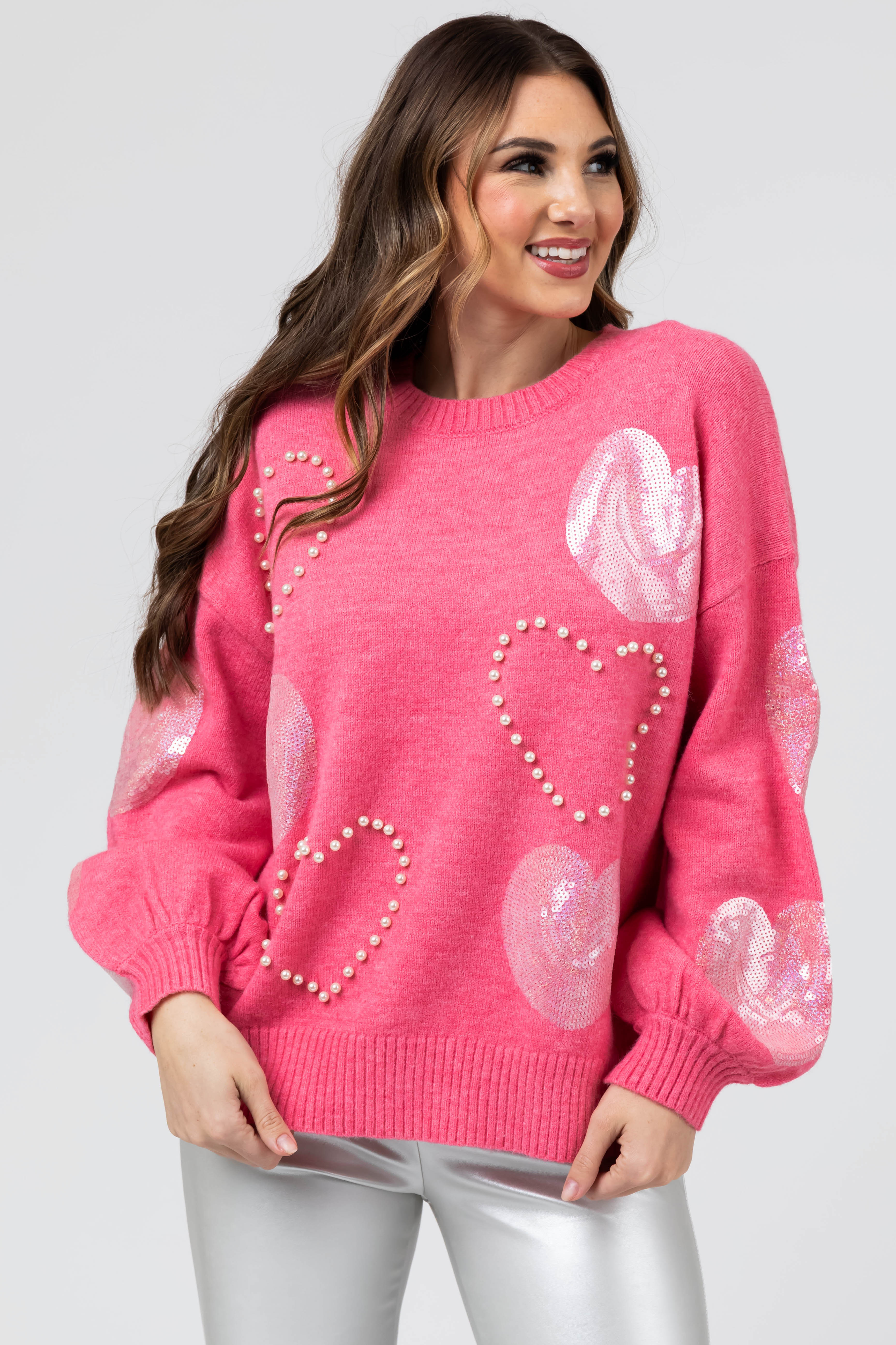Pink Sequin Heart Balloon Sleeve Sweater