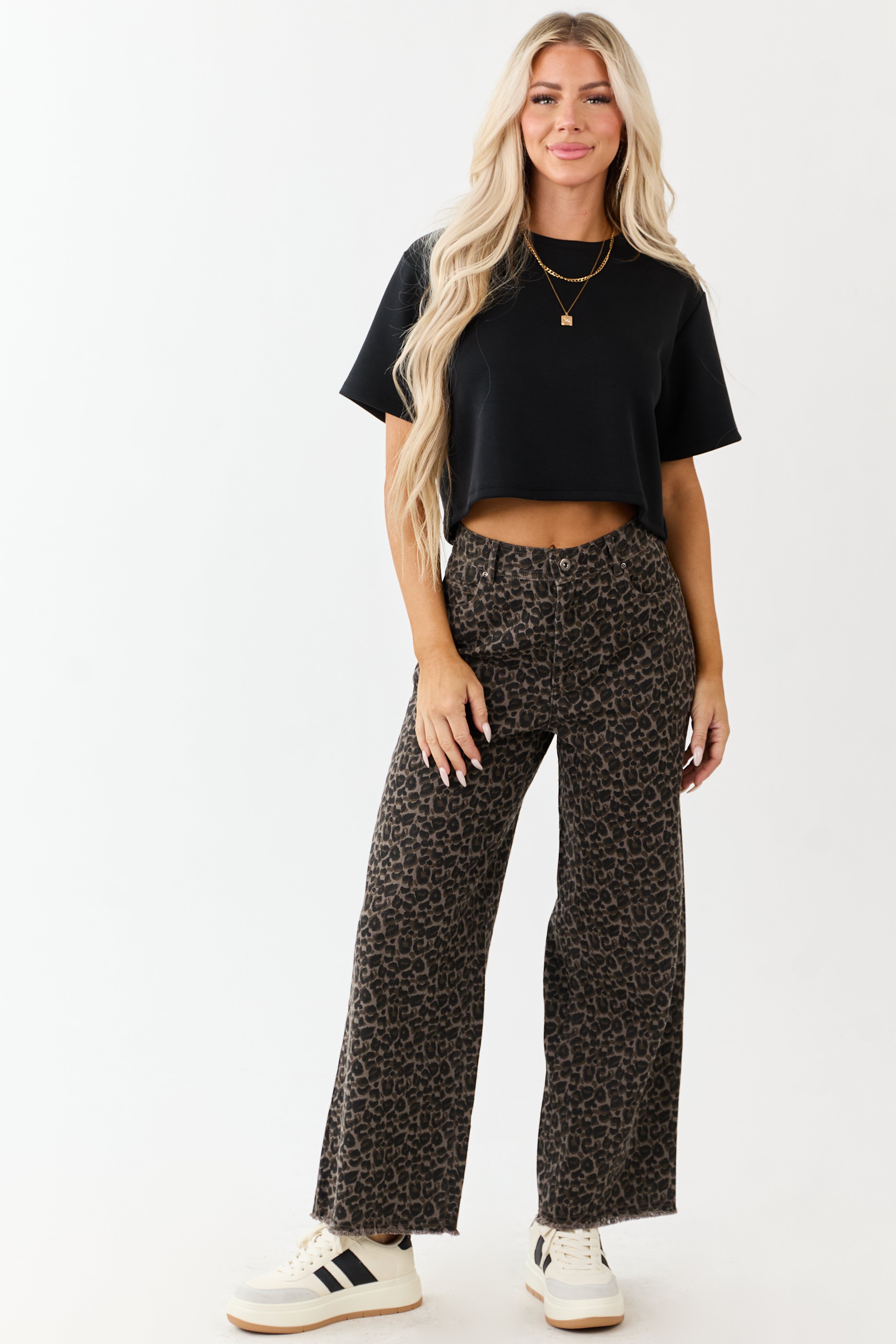 Leopard Print Wide Leg Denim Pants in Coffee Color
