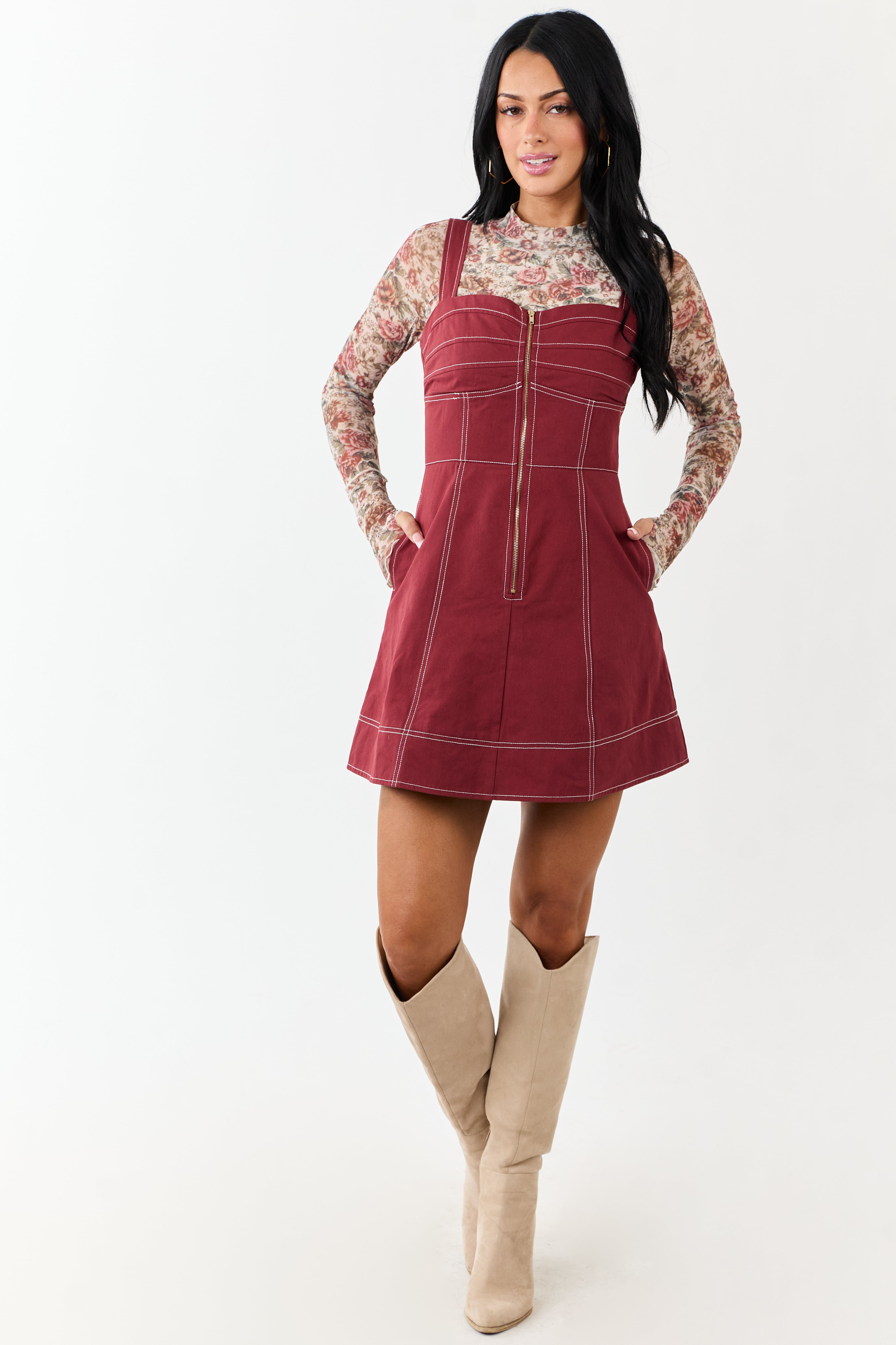 Denim Mini Dress with Pintuck Bust and Zip-Up - Red