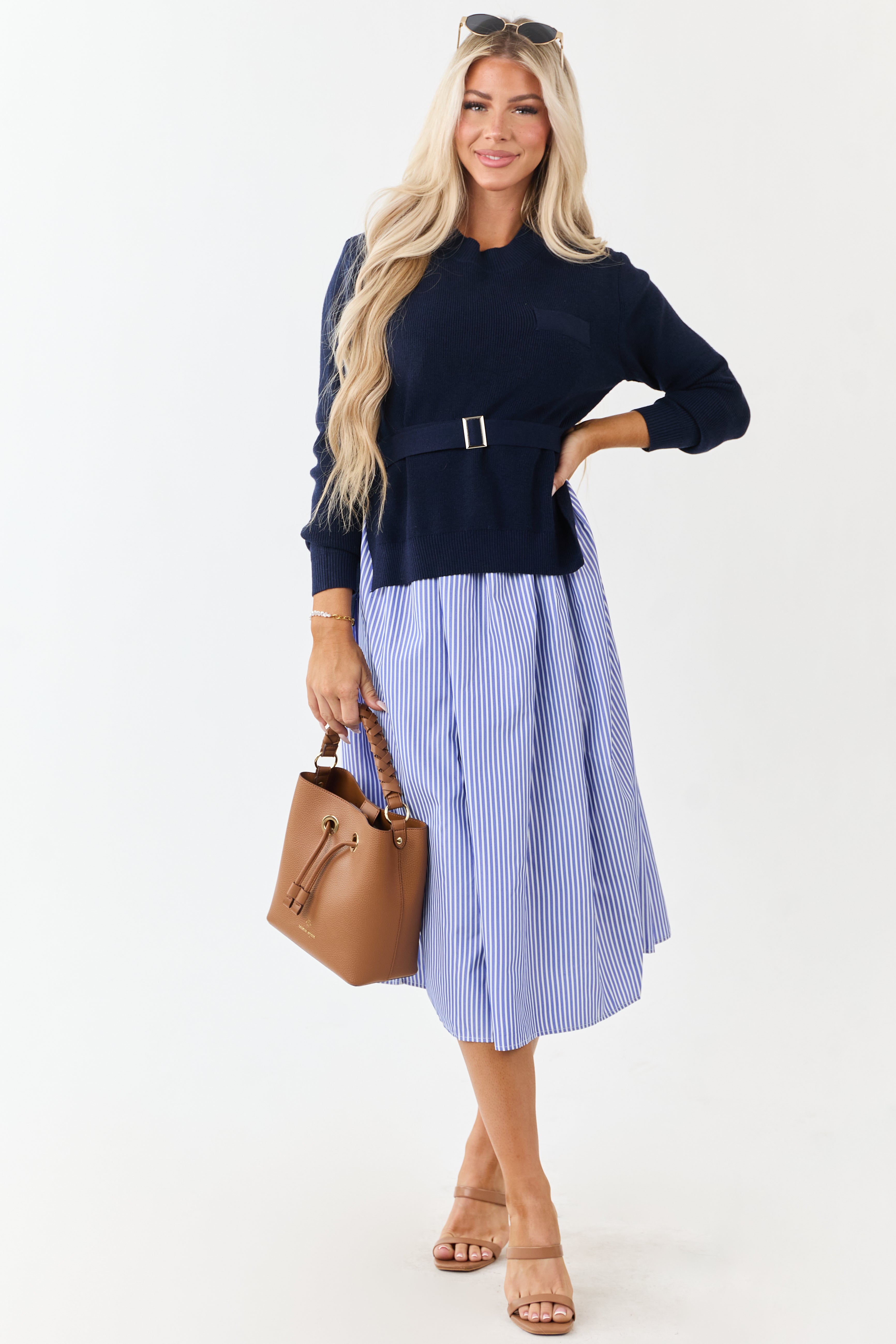 Navy Striped Midi Dress with Mock Neck Sweater Overlay
