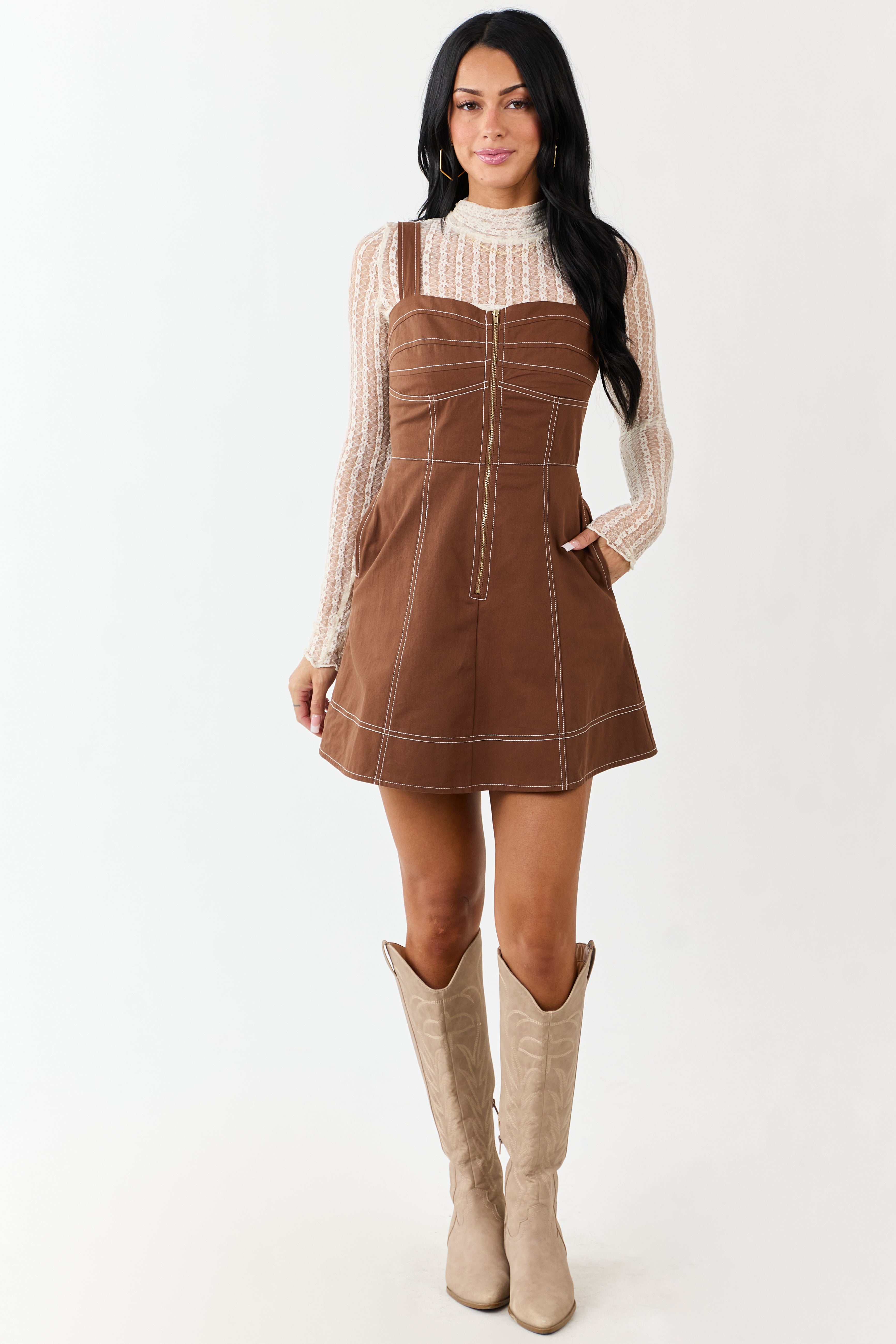 Denim Mini Dress with Pintuck Bust & Front Zip-Up