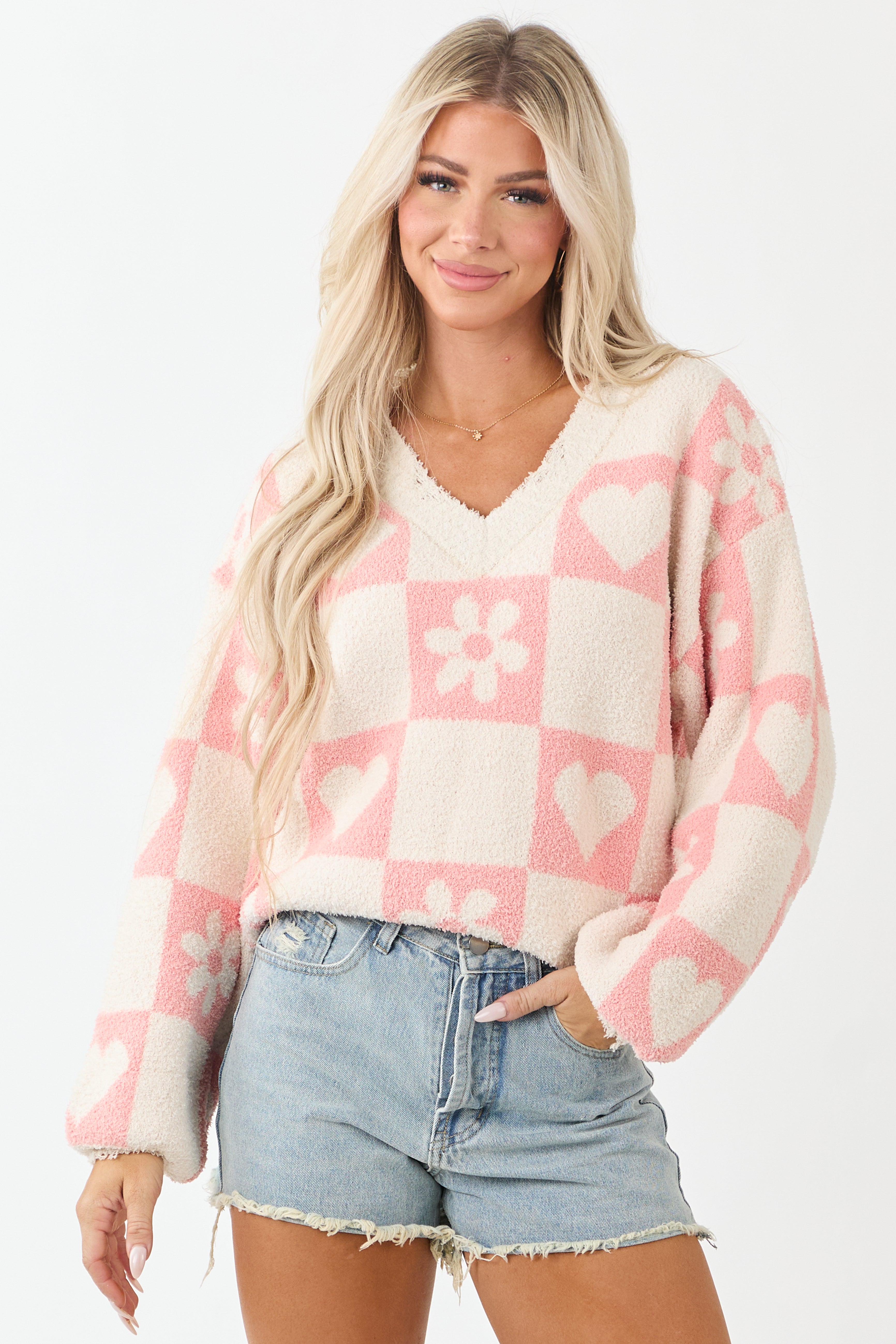 Cream Coral Checkered V Neck Knit Sweater Womens Cozy Distressed Oversized Fit