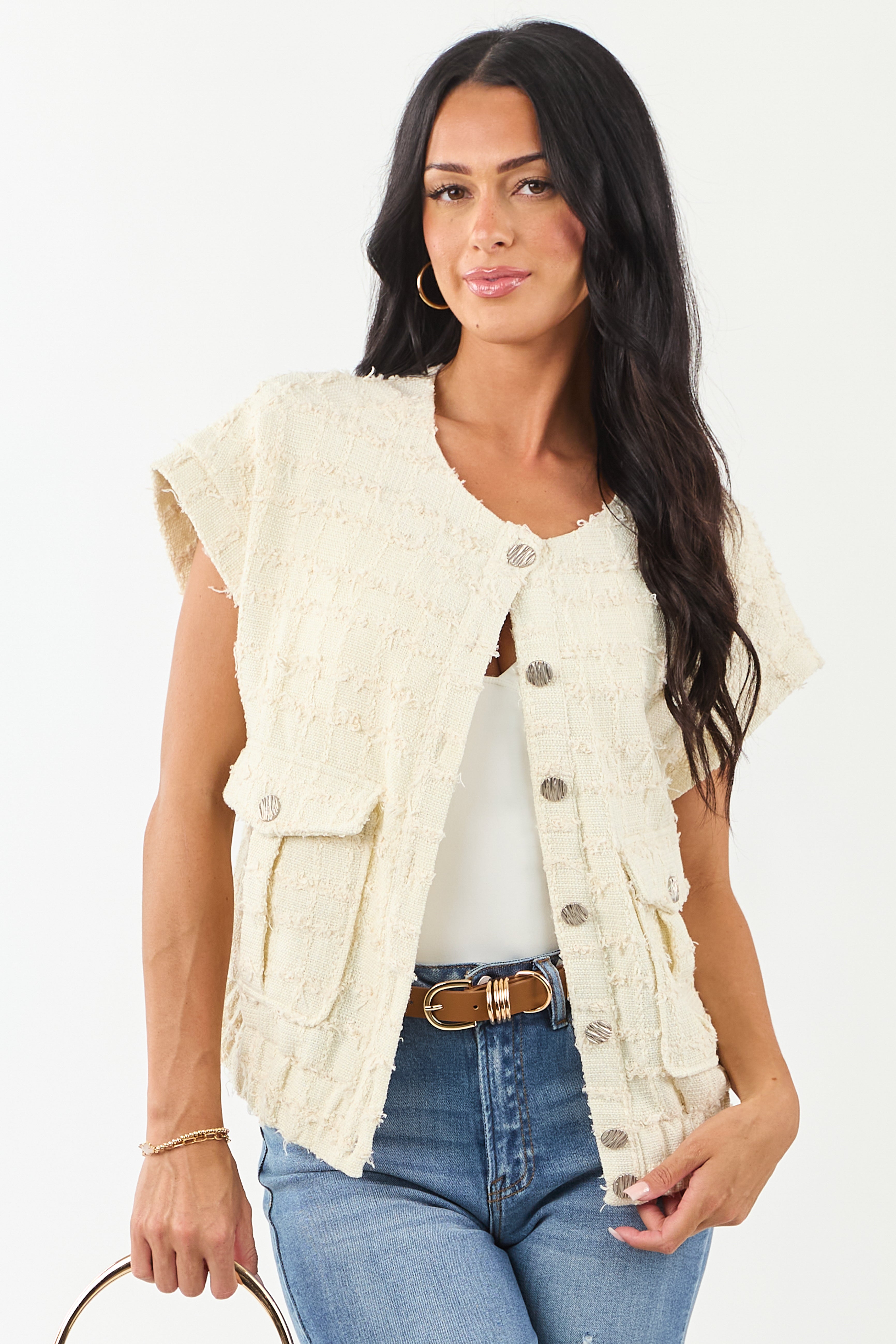 Cream Tweed Short Sleeve Top with Button Down Styling