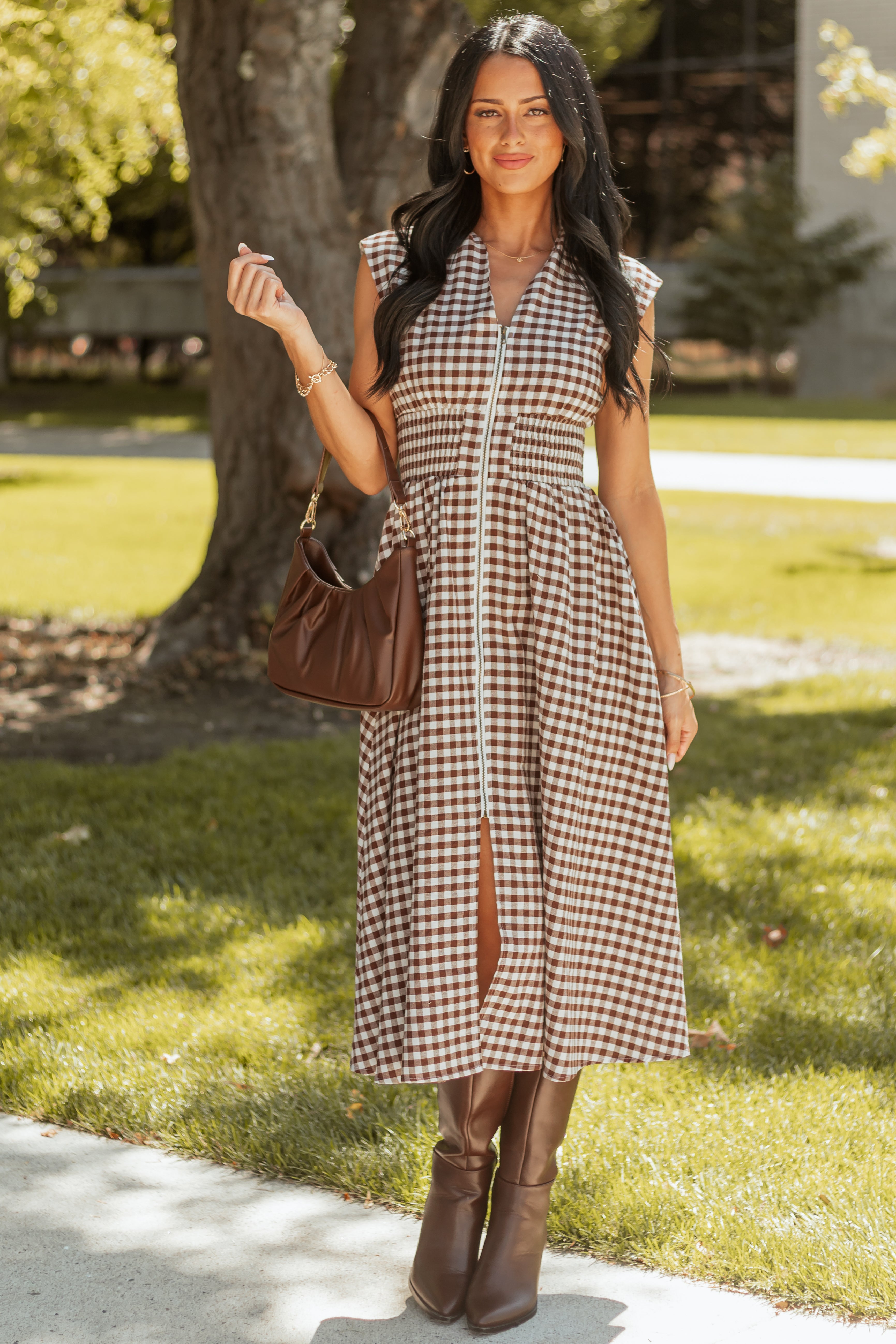 Smocked Waist Sepia Gingham Cotton Midi Dress
