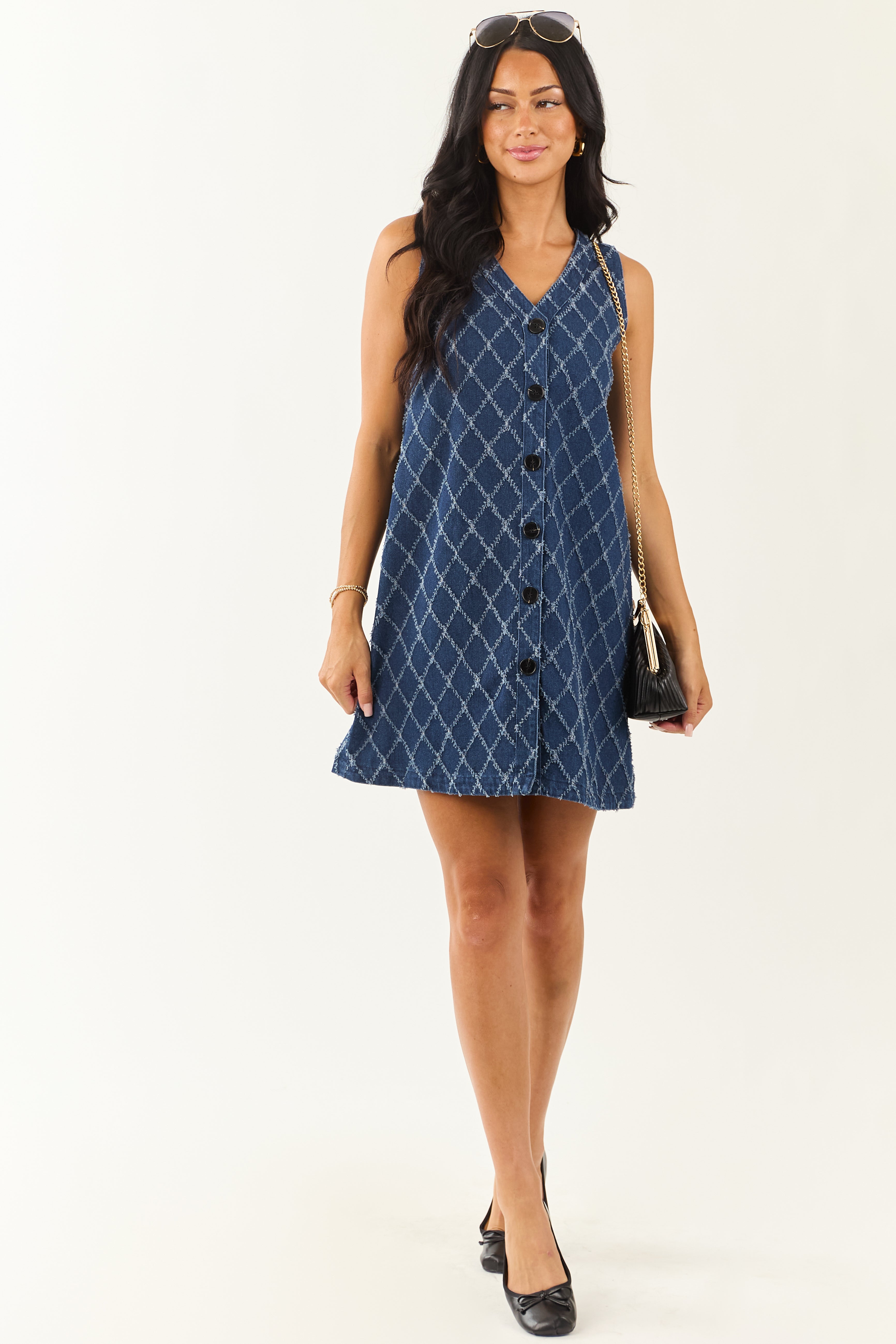Geometric Pattern Dark Wash Denim Mini Dress