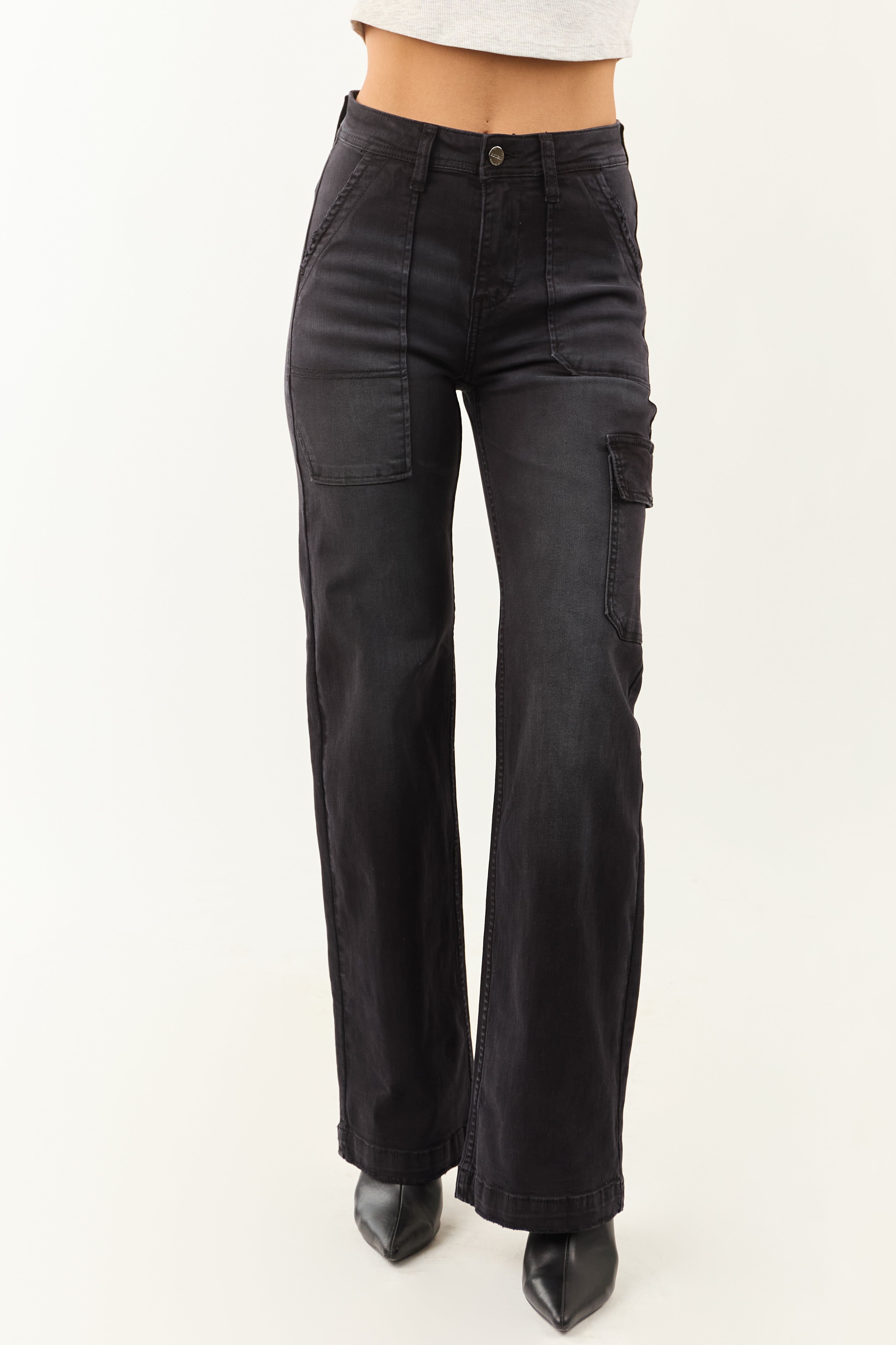 Black Stretchy Cargo Wide Leg Jeans