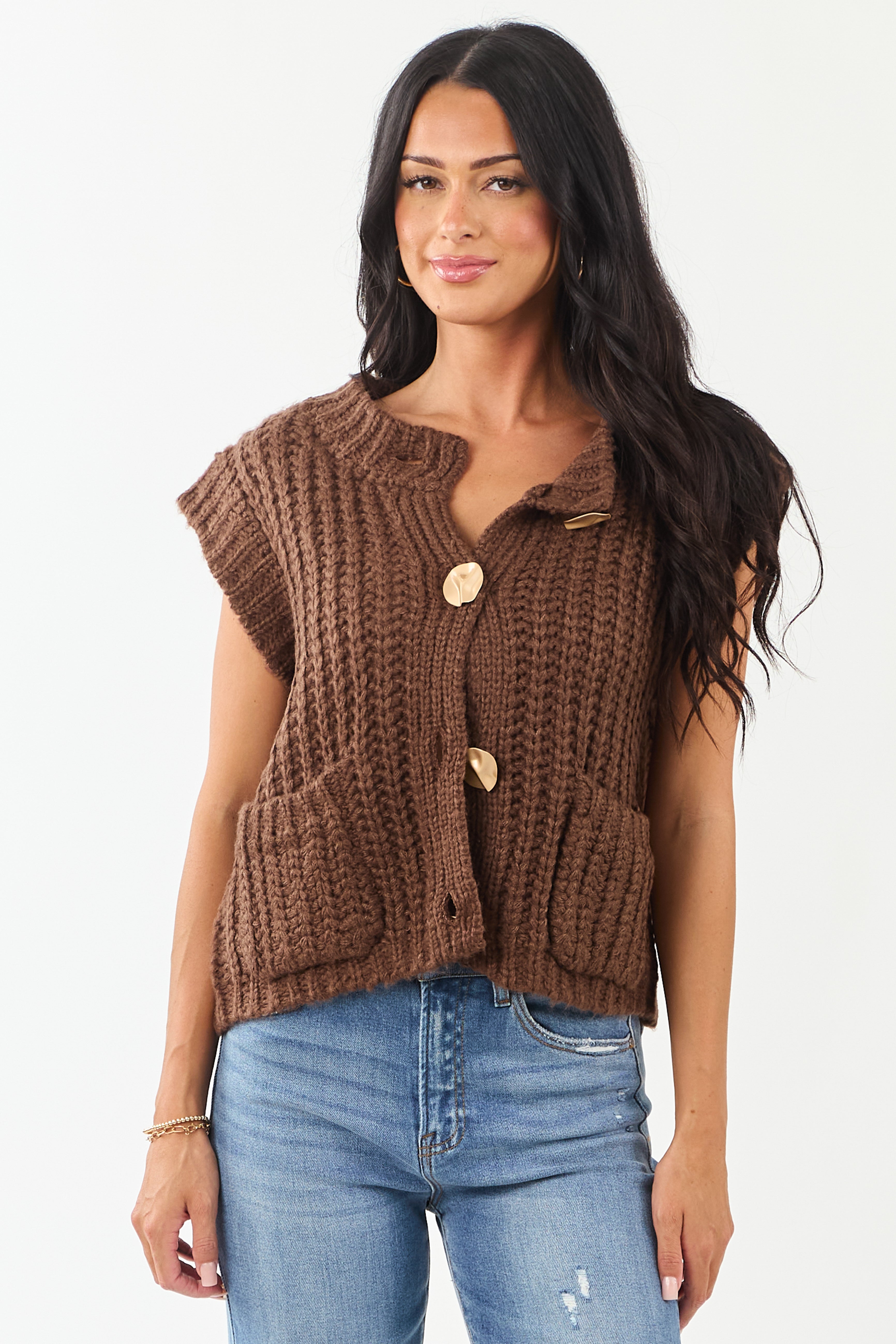 Cocoa Knit Sweater Vest with Gold Buttons