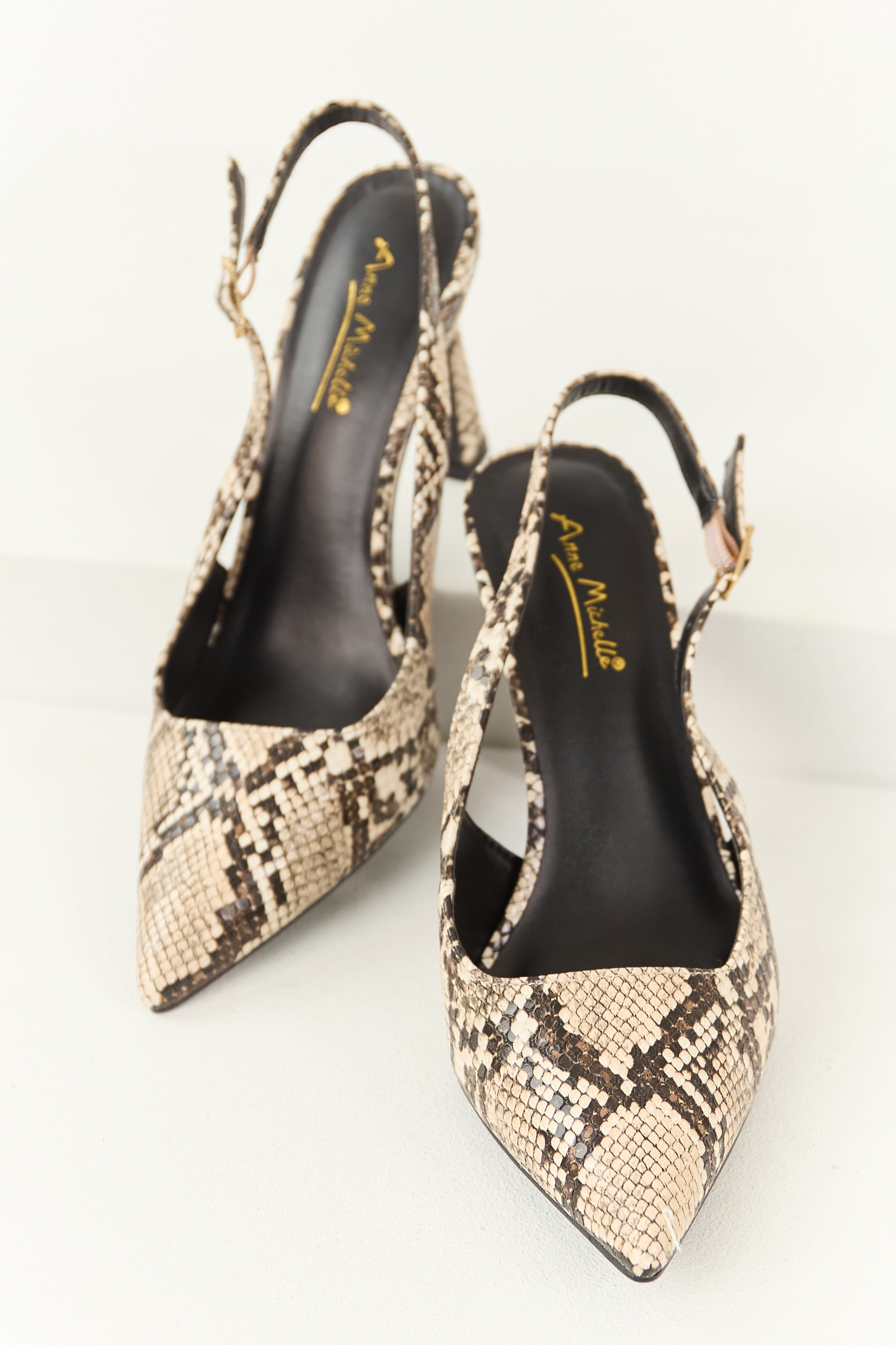 Black Faux Snakeskin Slingback Heels
