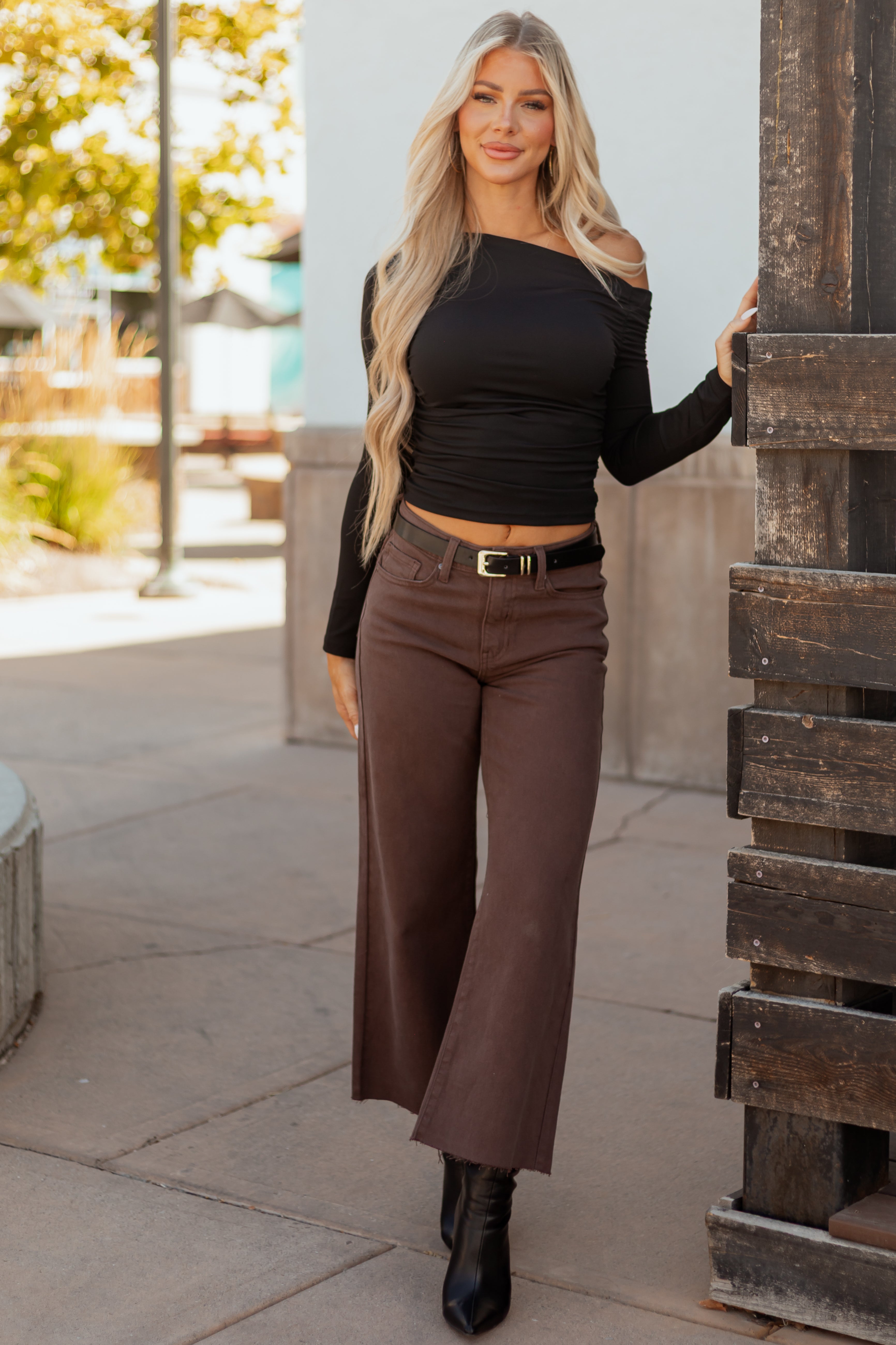 Brown High Rise Cropped Wide Leg Jeans