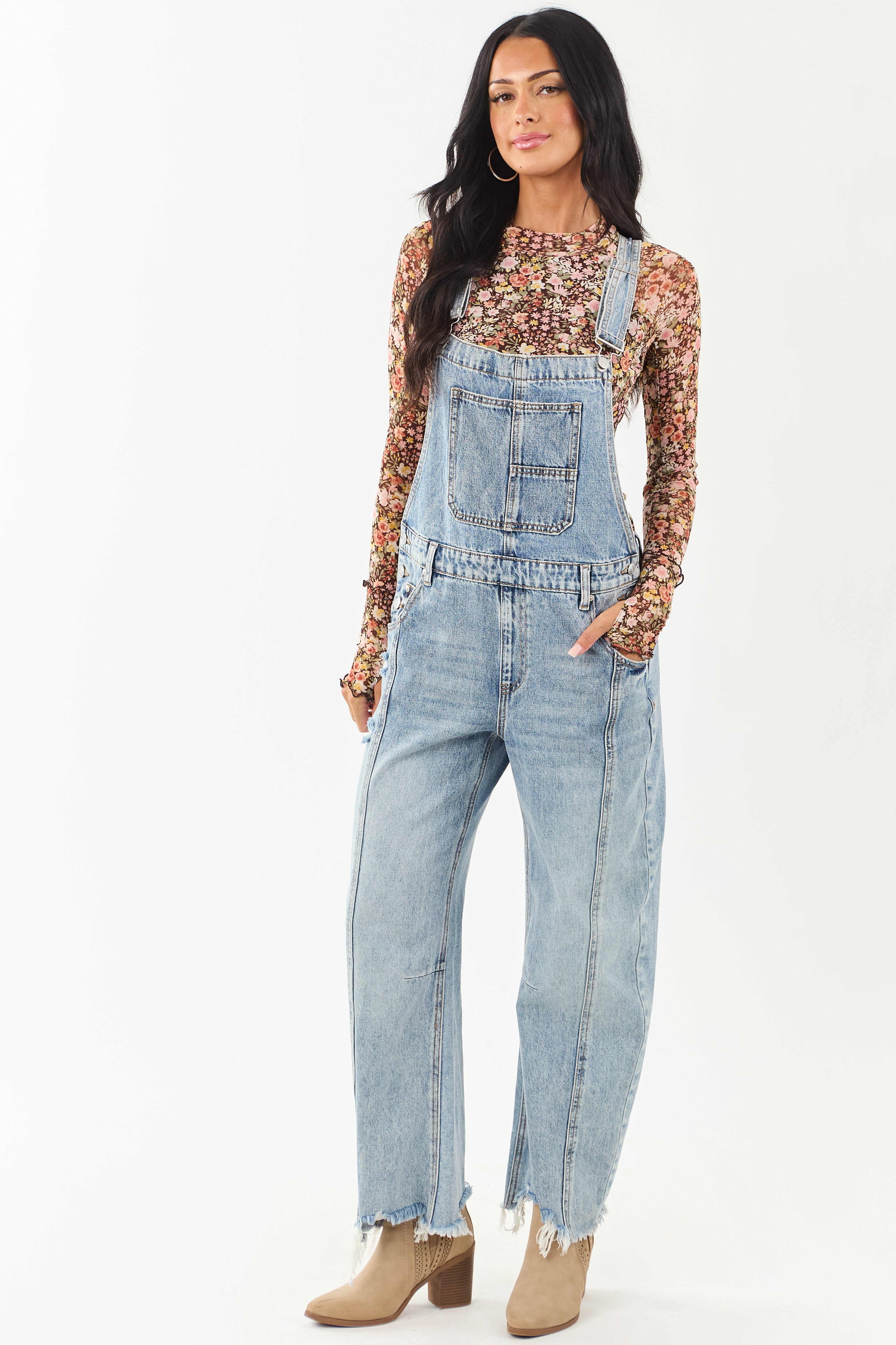 Light Wash Denim Barrel Leg Overalls for Women