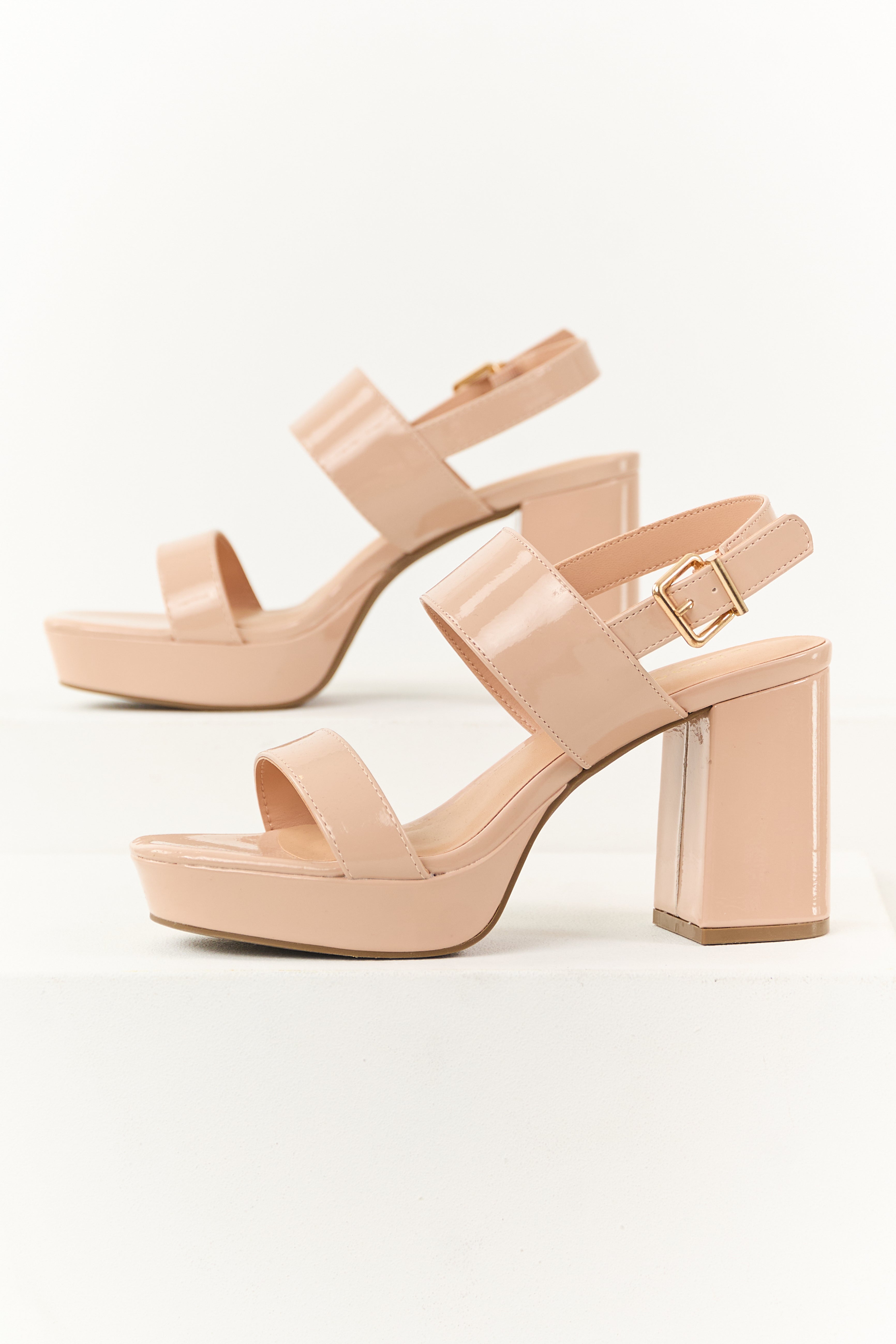 Nude Platform Heels Faux Leather Double Strap Open Toe