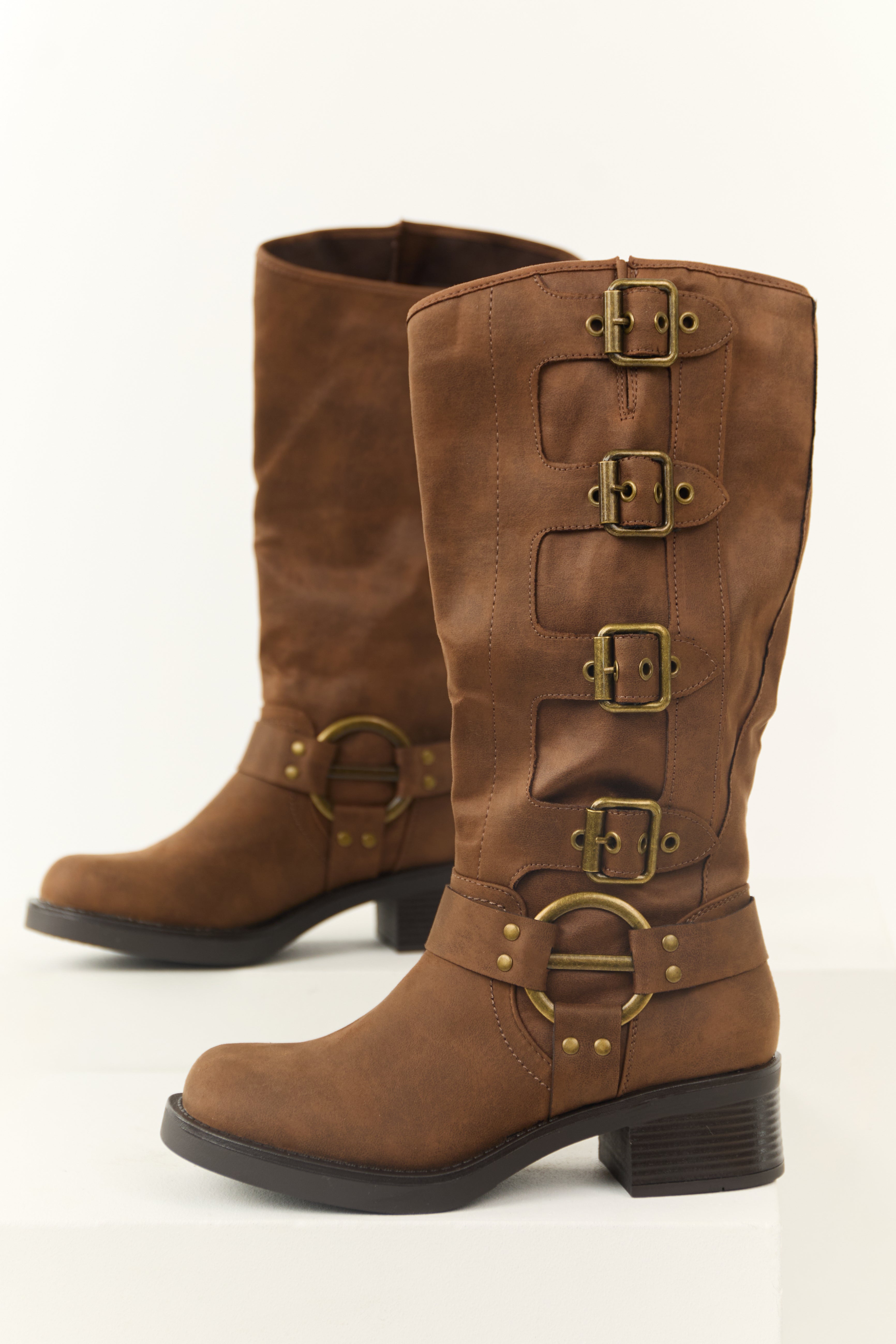 Womens Brown Faux Leather Buckle Ankle Booties