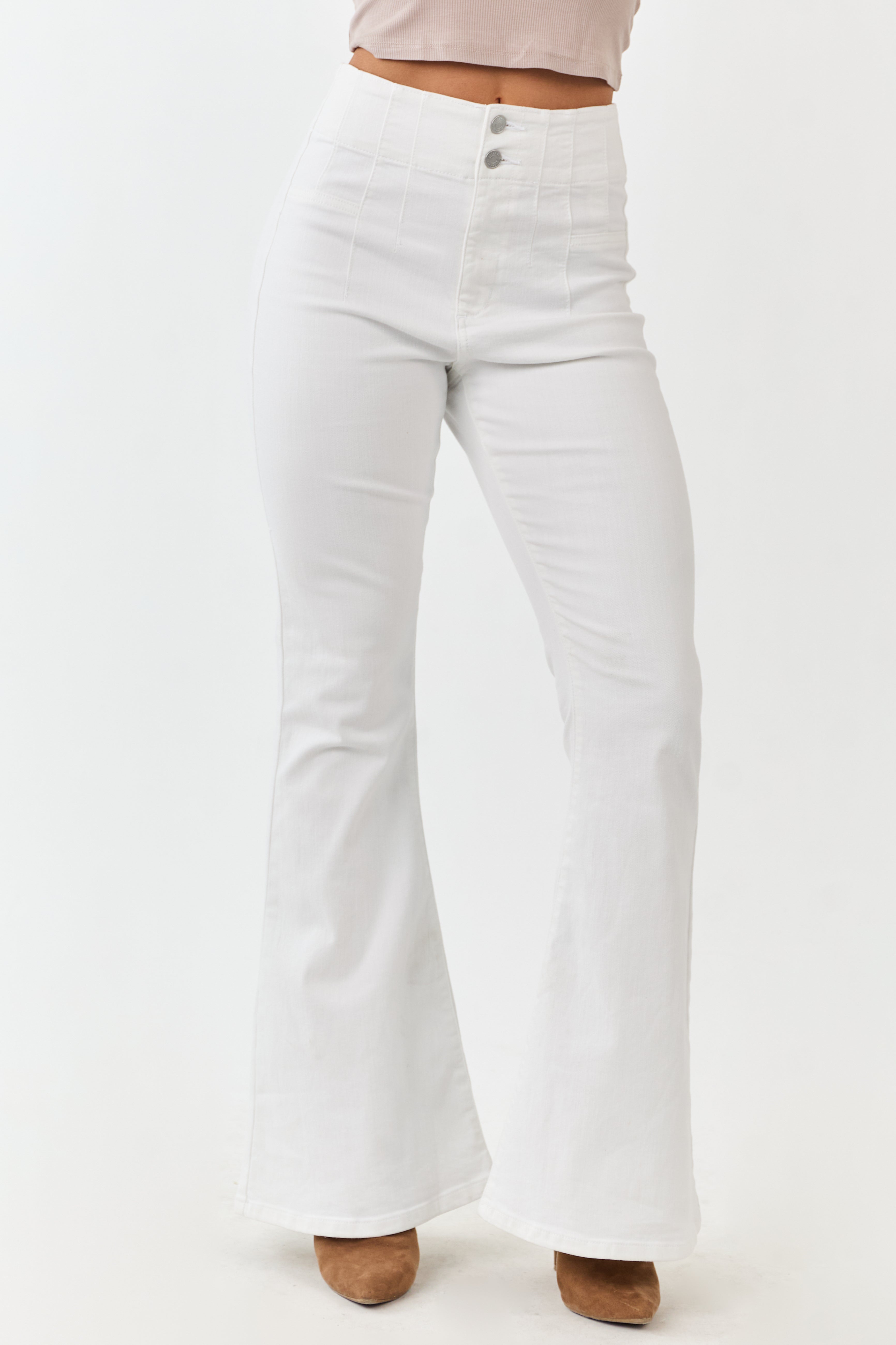 High Rise White Stretchy Denim Flare Jeans