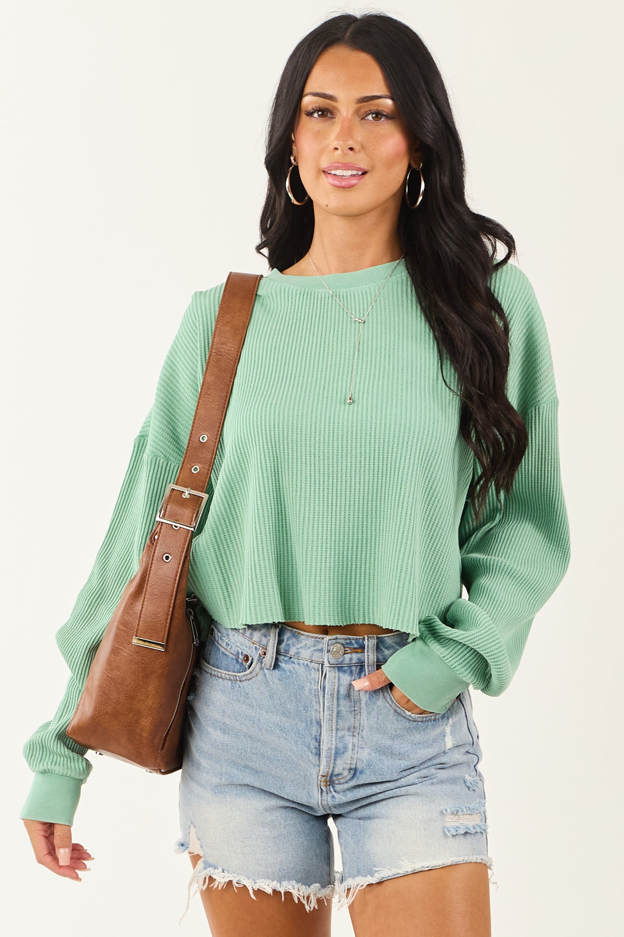 Cozy Deep Seafoam Waffle Knit Cotton Top