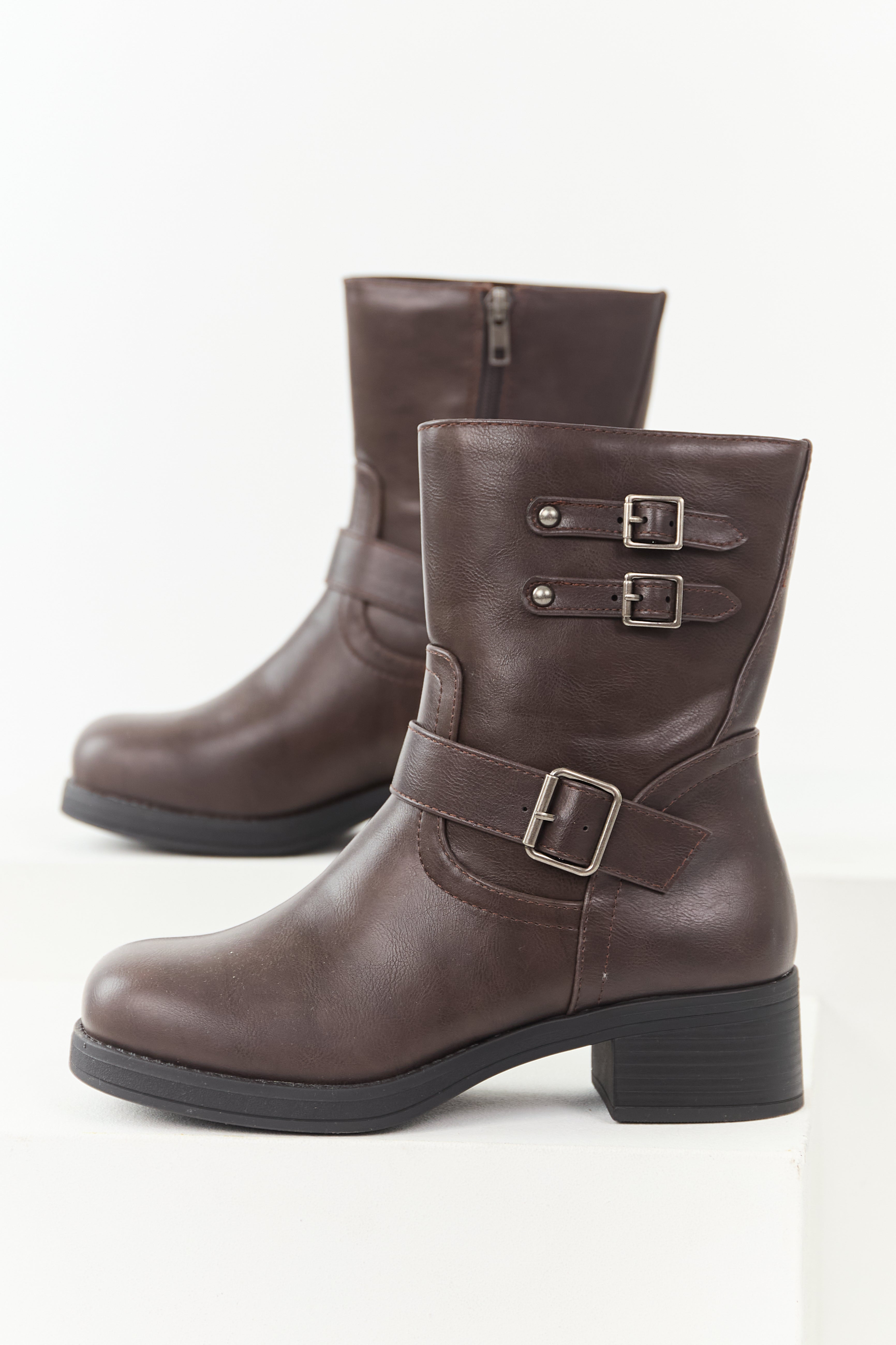Brown Faux Leather Block Heel Boots