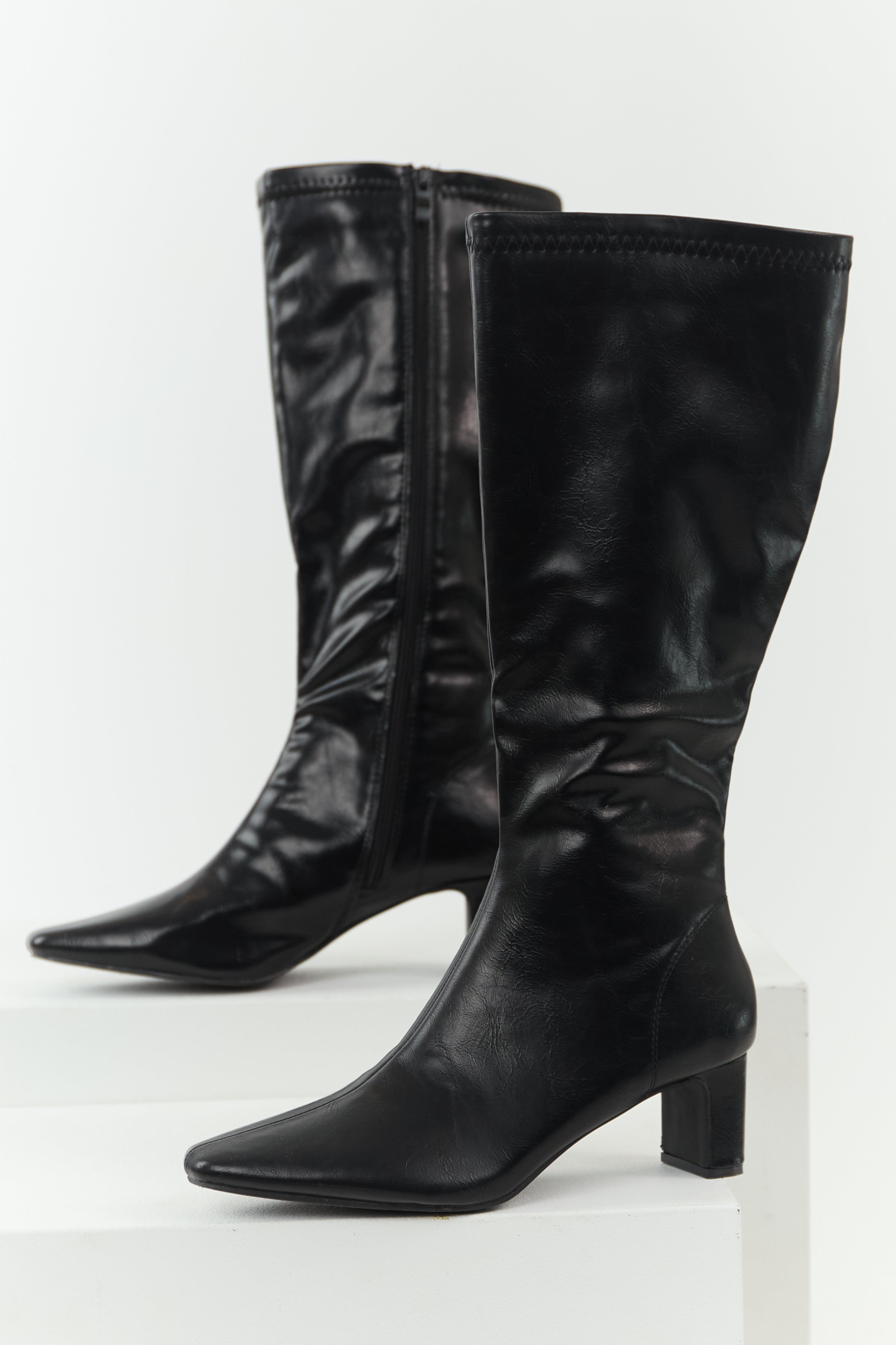 Black Pointed Toe Block Heel Boots - Elegant Faux Leather Design