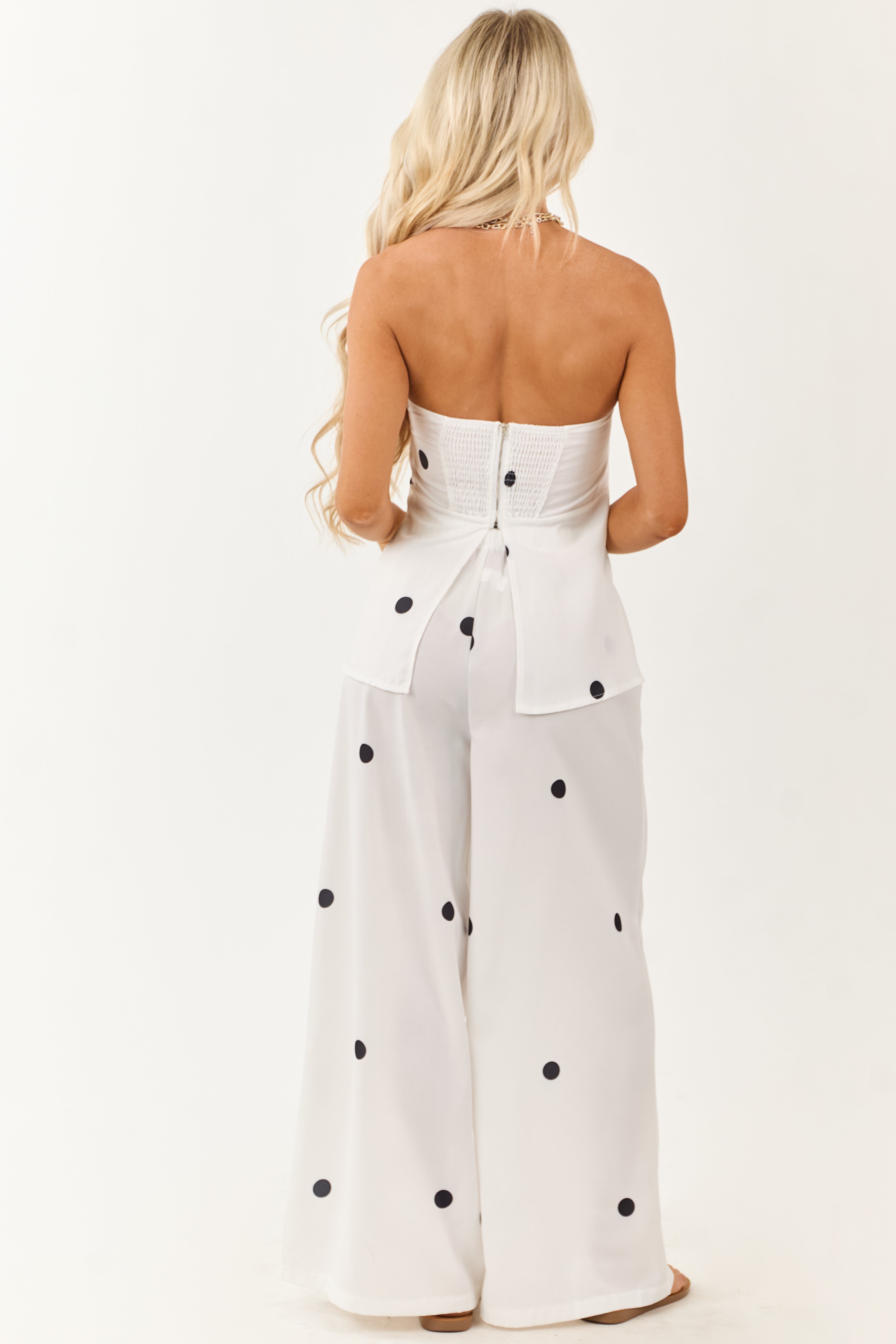 White Polka Dot Strapless Top and Wide Leg Pants Set - Stylish Retro Outfit