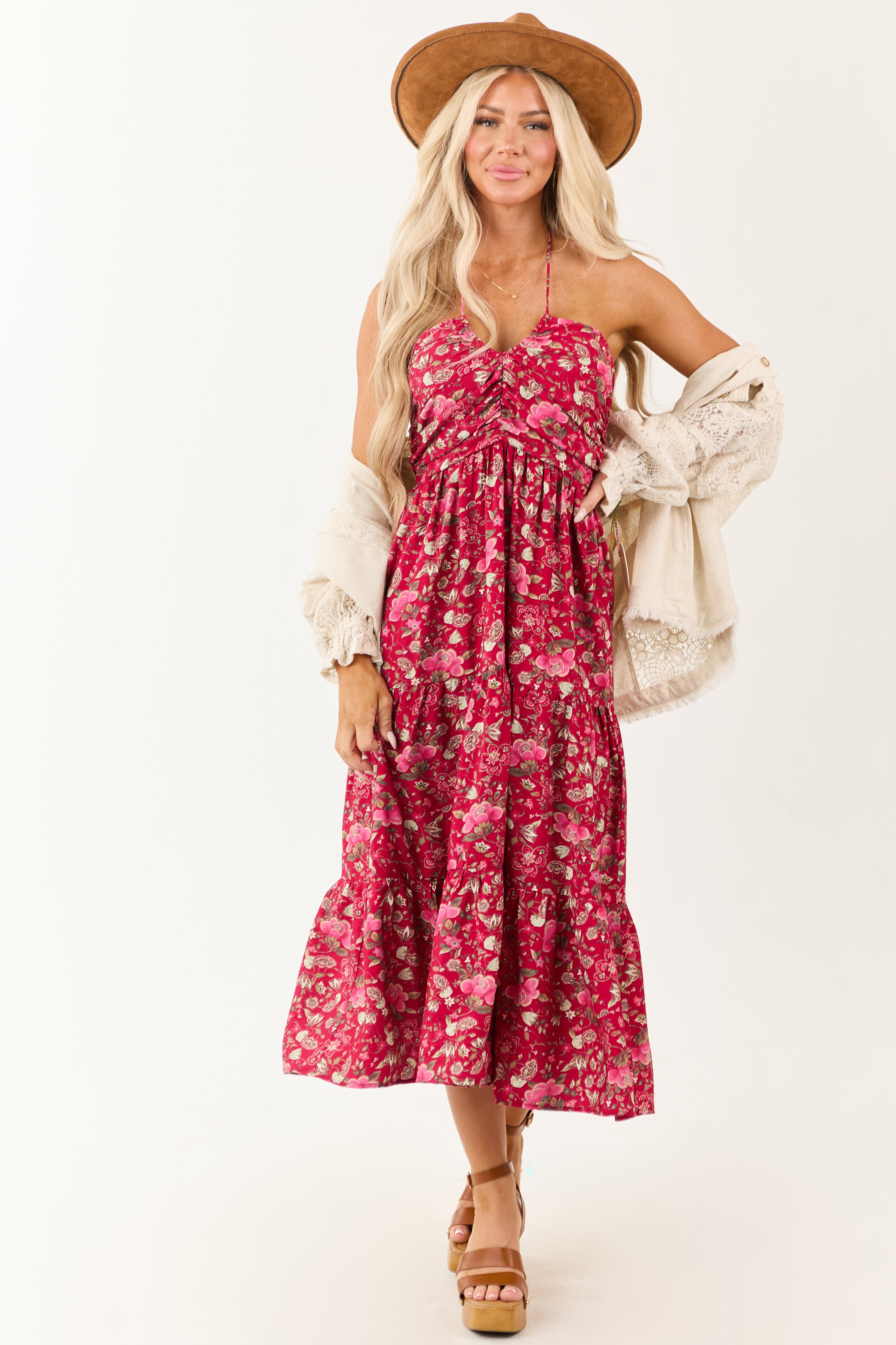 Floral Print Halter Midi Dress in Vibrant Shades