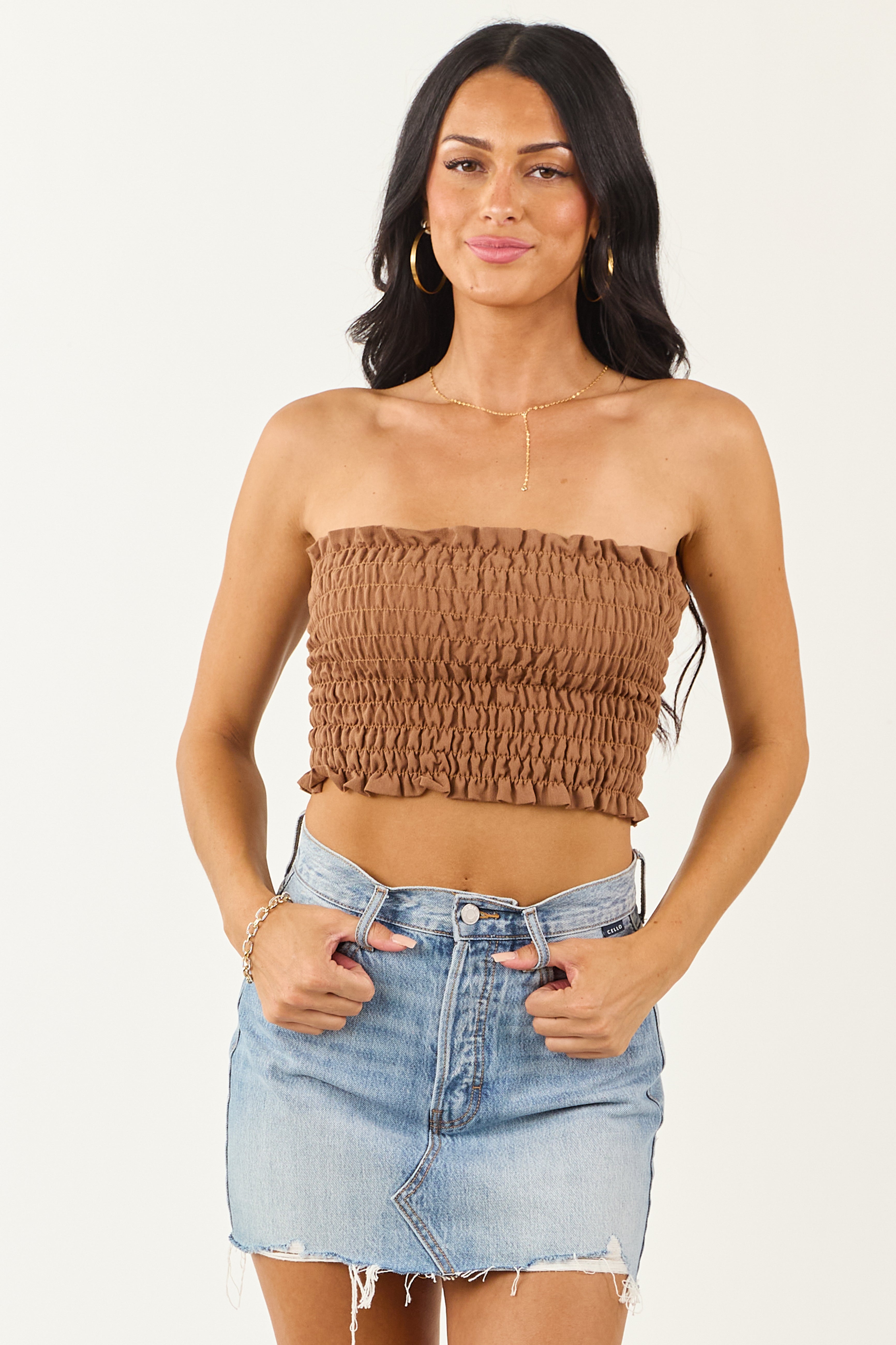 Brown Ruffle Trim Bandeau Top - Flirty Stretchy Smocked Design