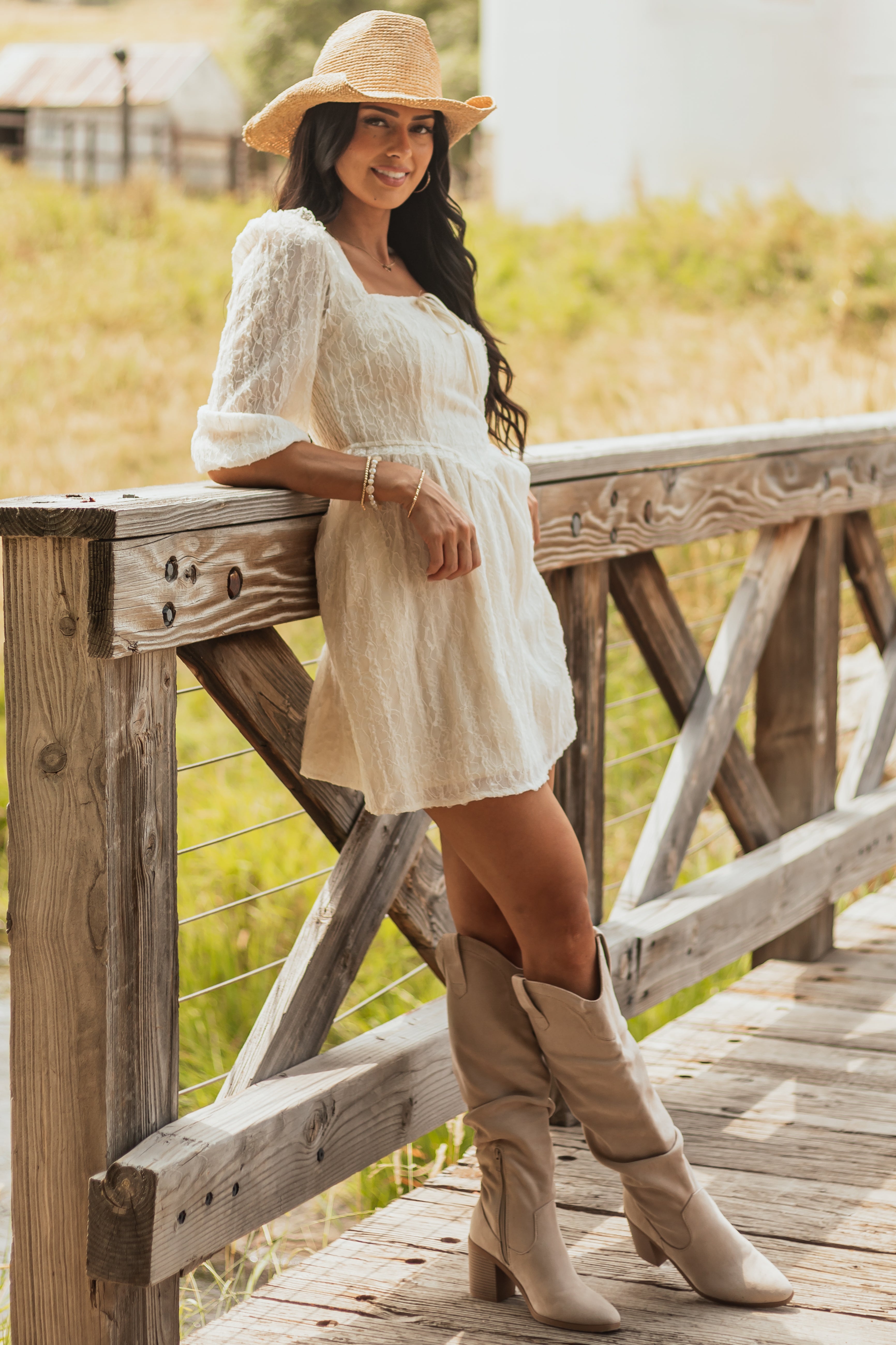 White Lace A-Line Mini Dress with Smocked Back