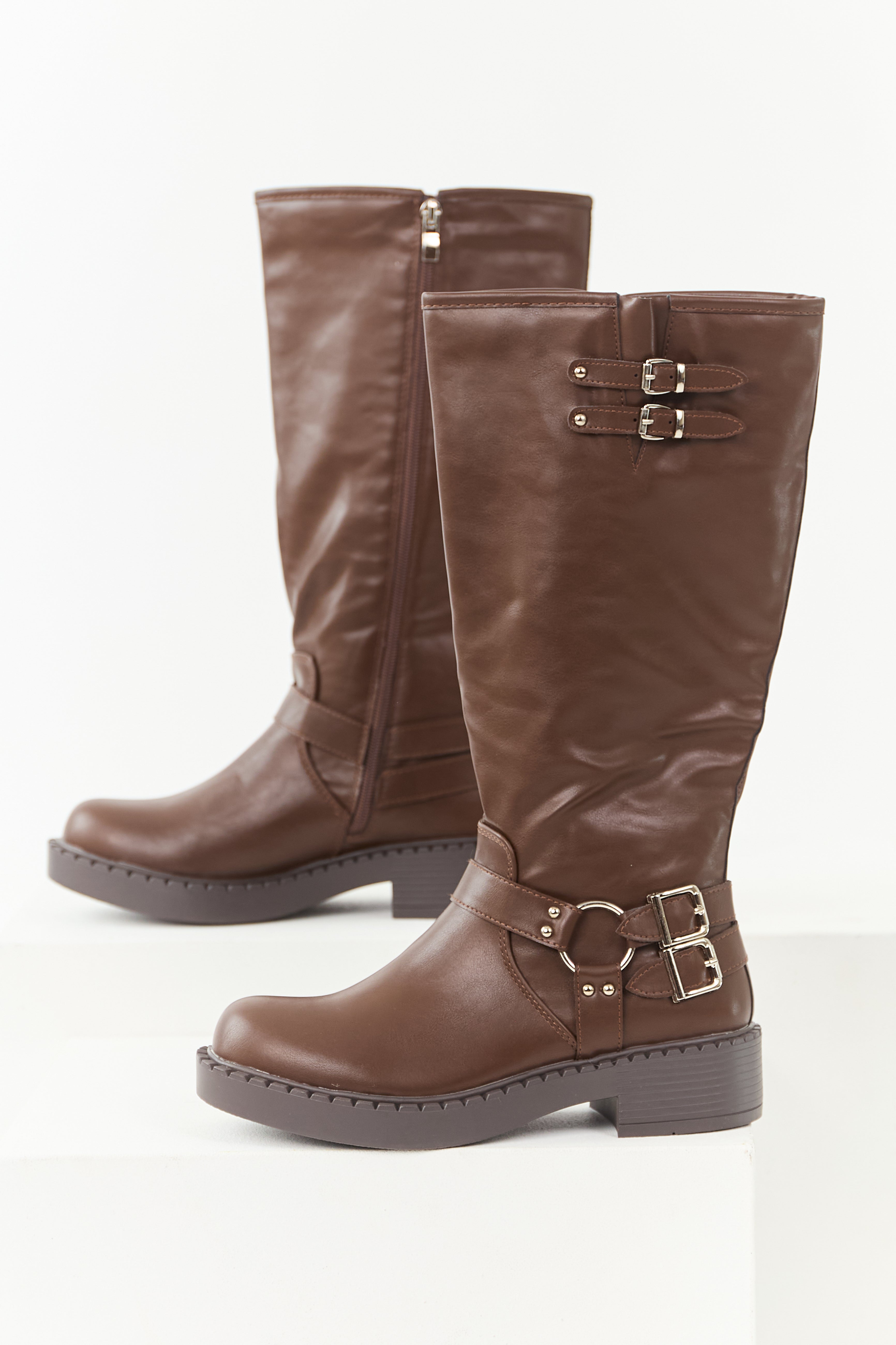 Brown Faux Leather Buckle Tall Boots