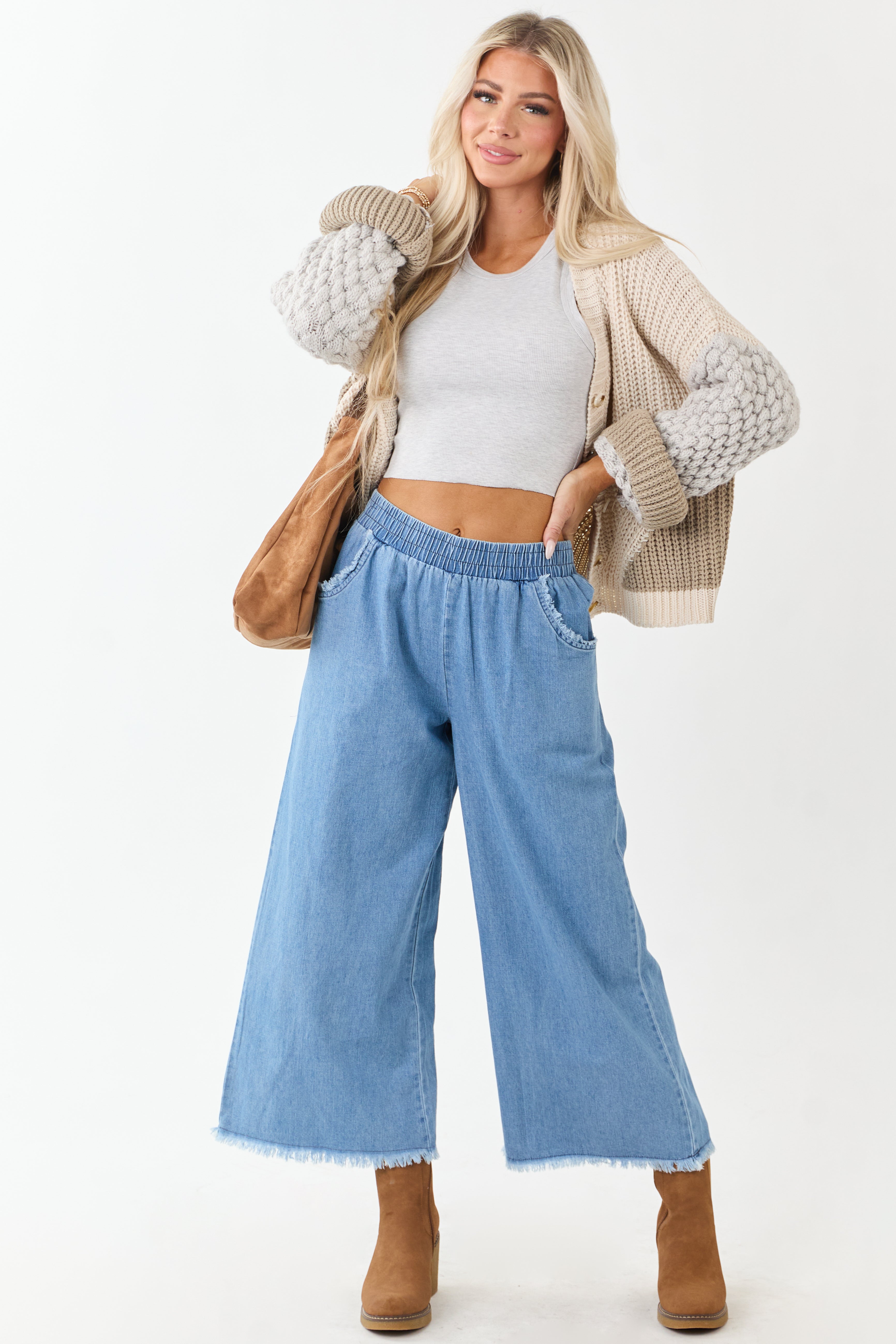 Light Wash Wide Leg Chambray Cropped Pants