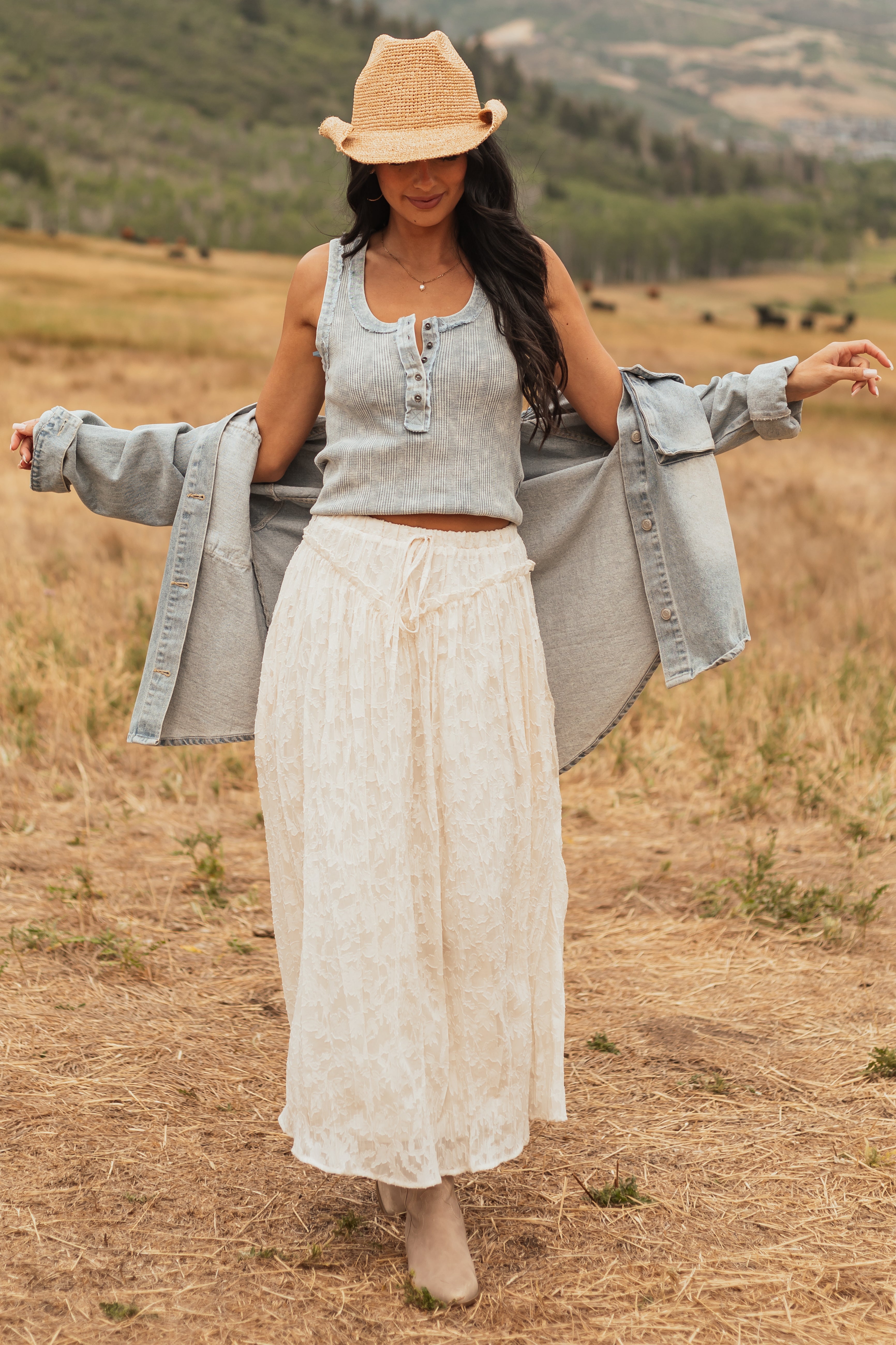 Floral Lace Maxi Skirt in Vanilla White | Elastic Waist & Drawstring Tie