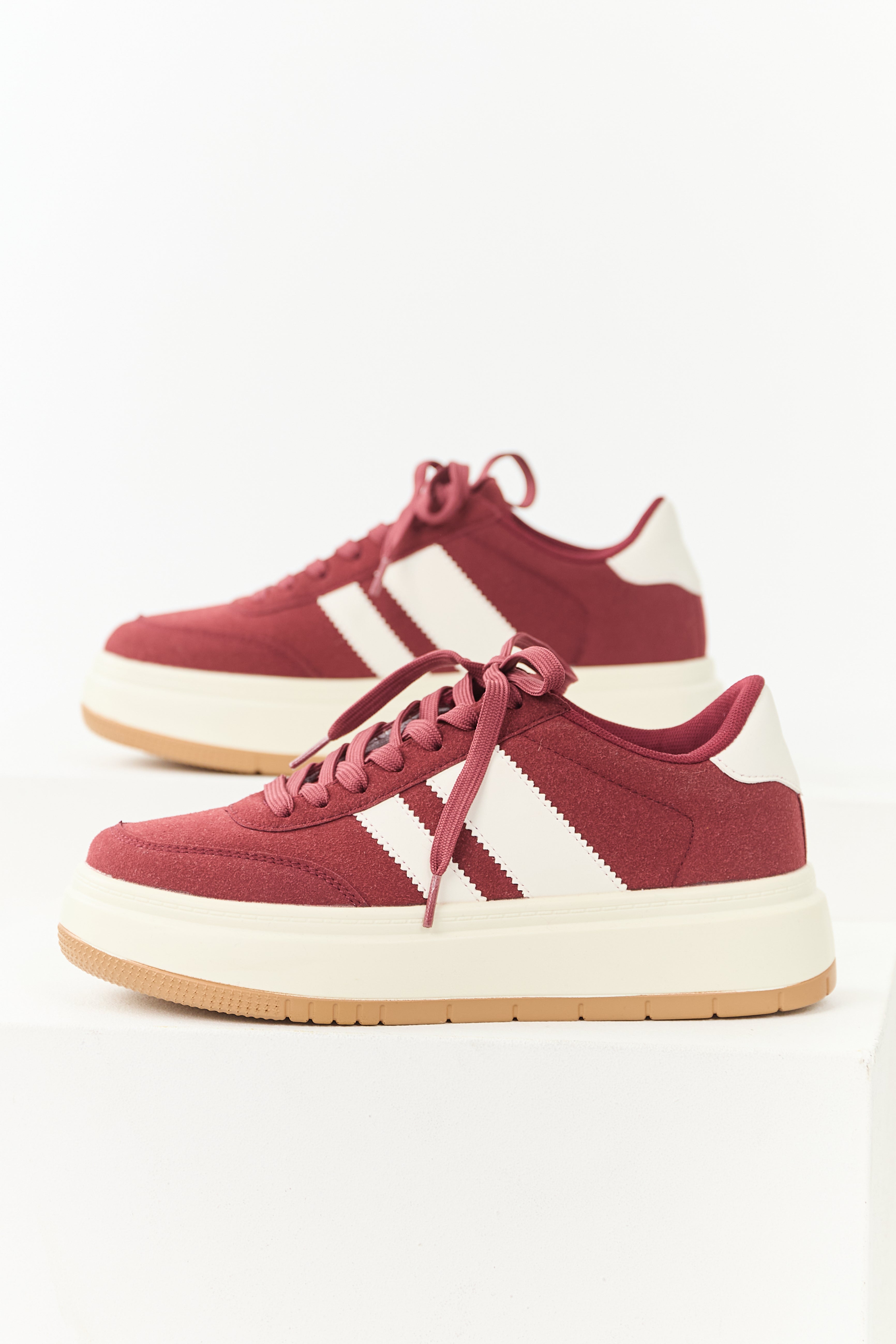 Maroon Lace Up Platform Sneakers - Trendy Varsity Style Shoes