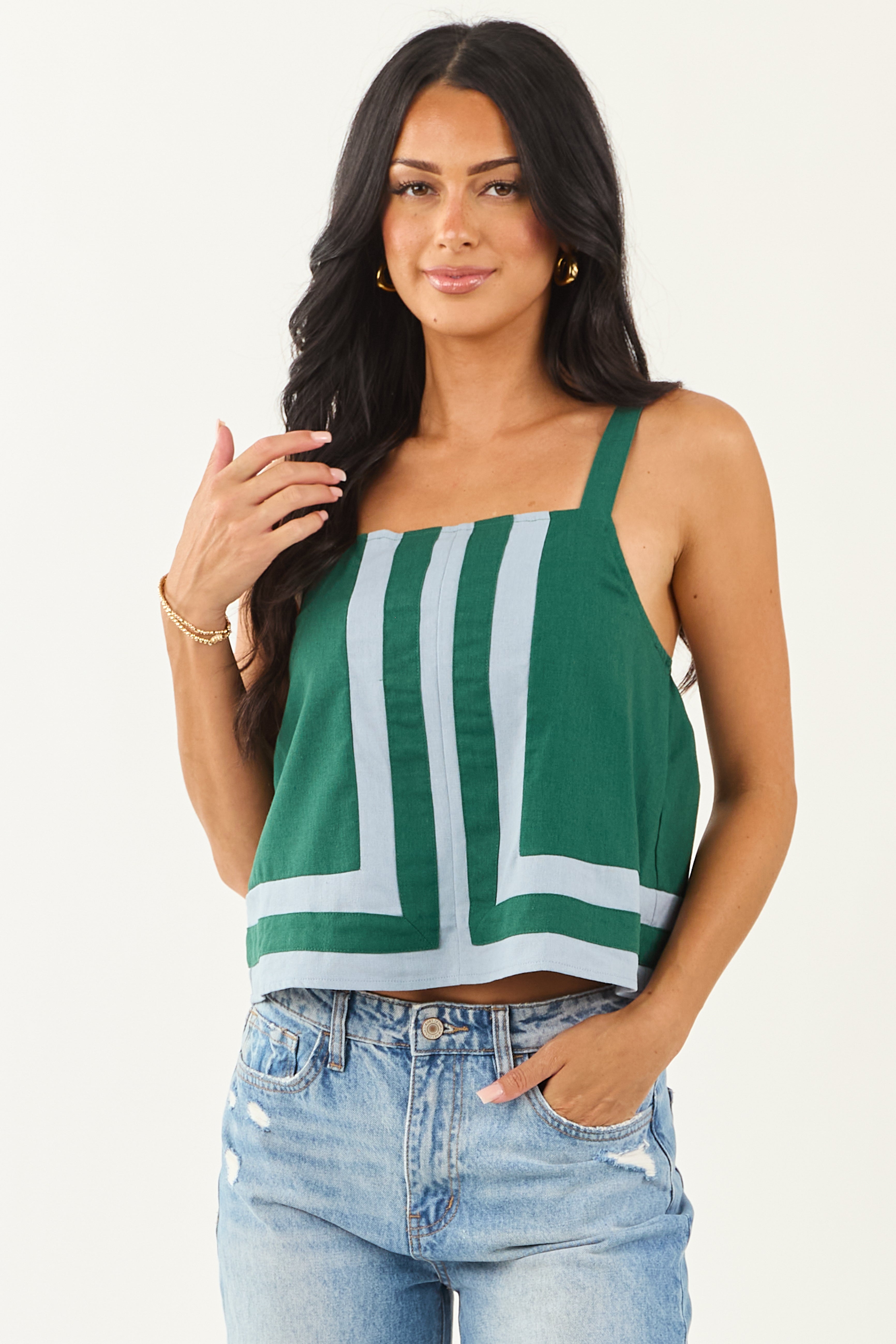 Hunter Green Striped Linen Tank Top