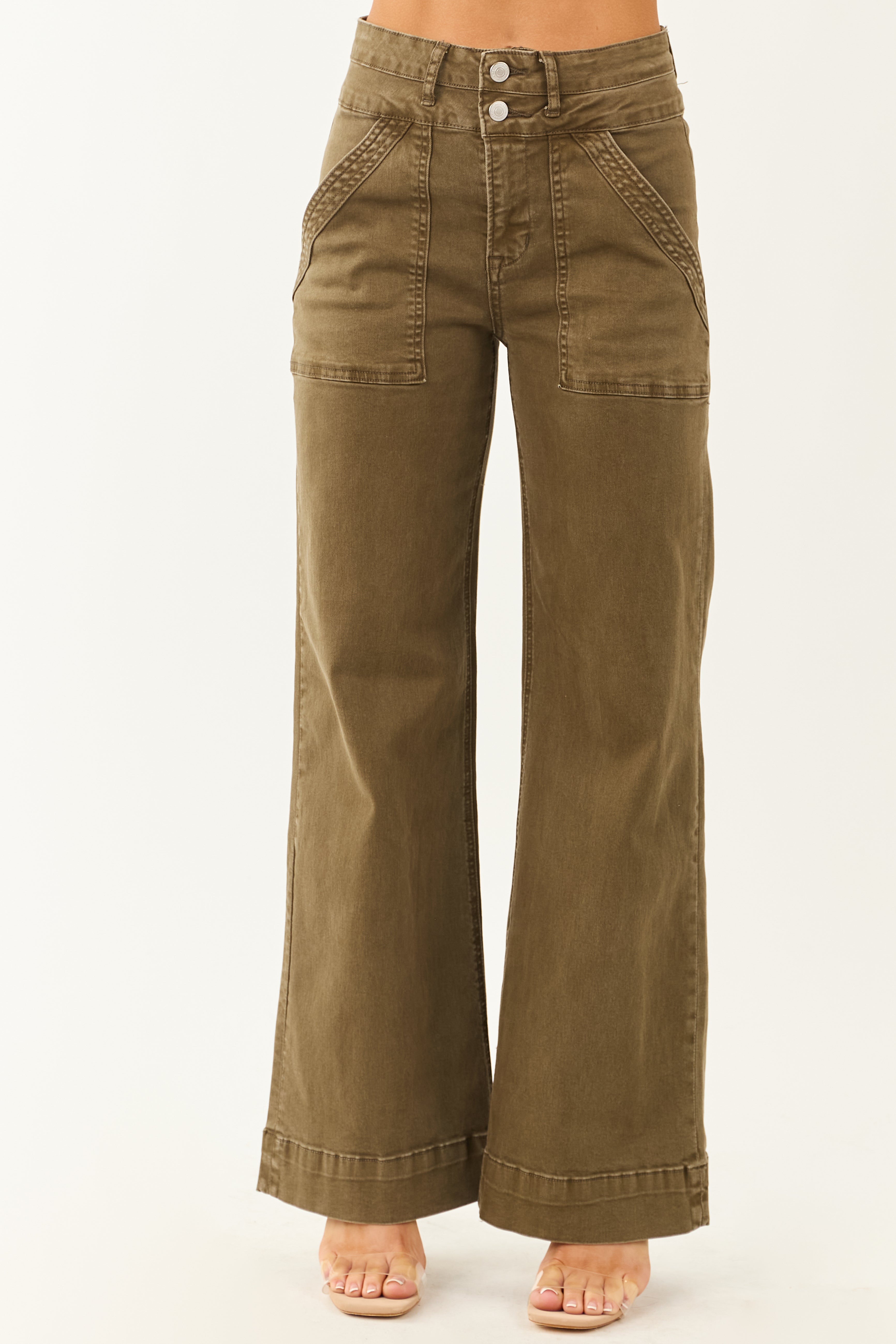 Army Green Wide Leg Stretchy Jeans