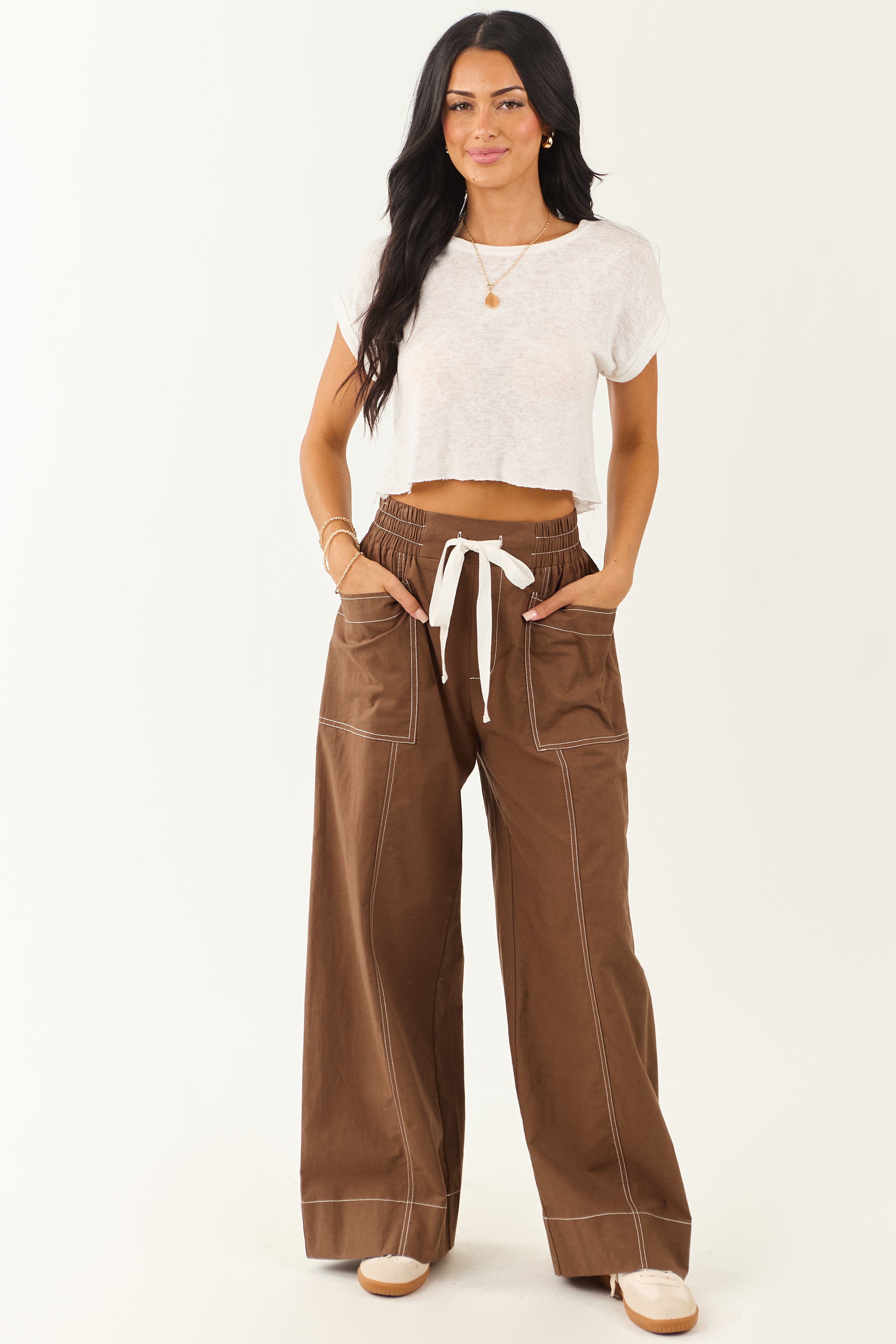 Comfortable Drawstring Wide Leg Pants in Neutral Tone